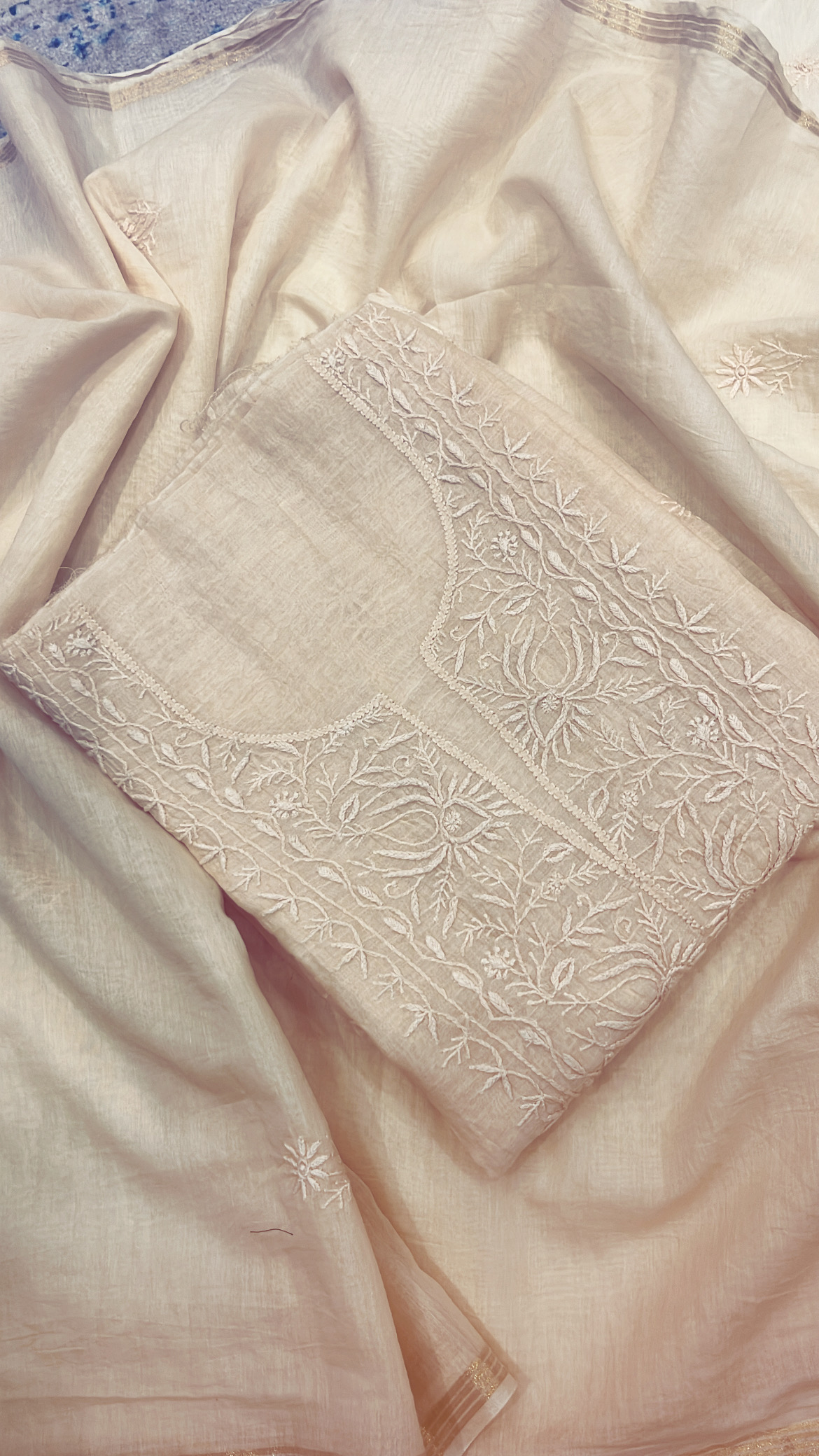 Embroidered Beige Lucknowi Mul Cotton Suit