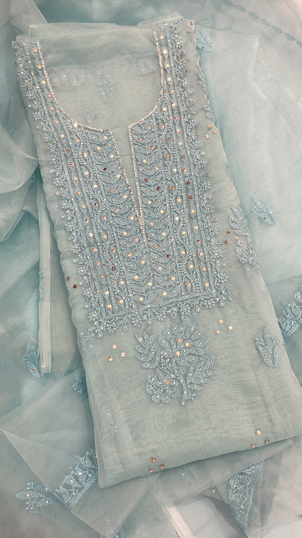 Embroidered Light Blue Lucknowi Organza Suit