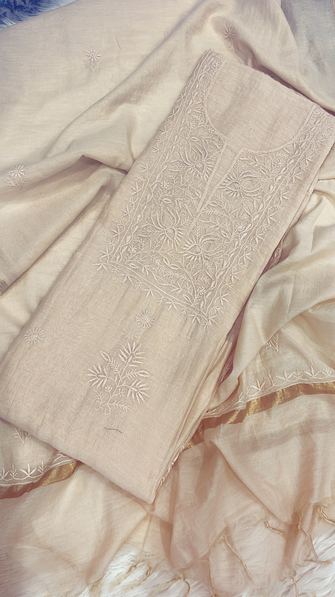 Embroidered Beige Lucknowi Mul Cotton Suit