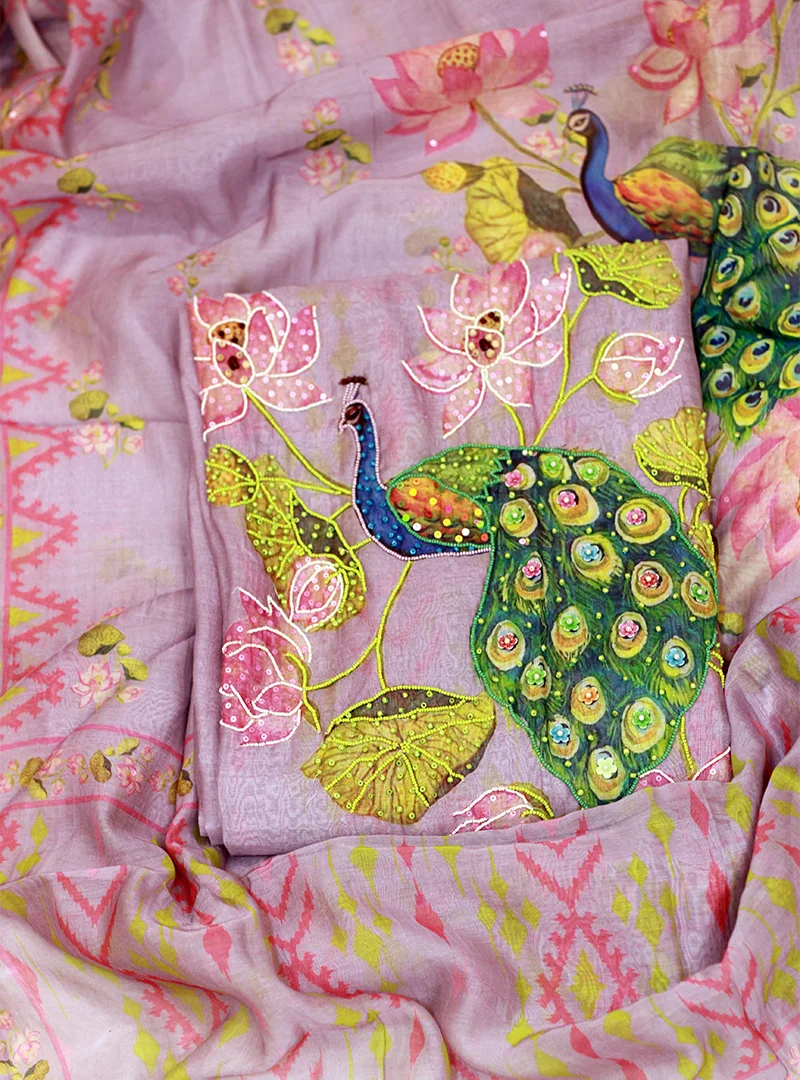 Peacock Embroidered Pure Mul Cotton Suit