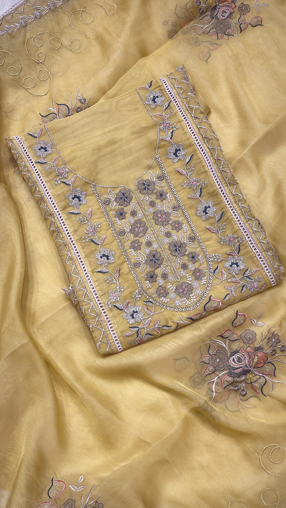 Embroidered Yellow Organza Fabric