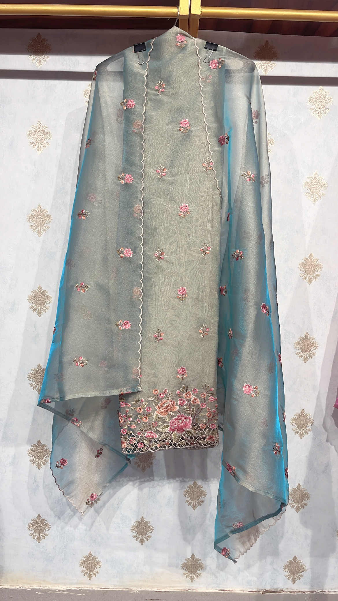 Floral Embroidered Cut-work Tissue Suit