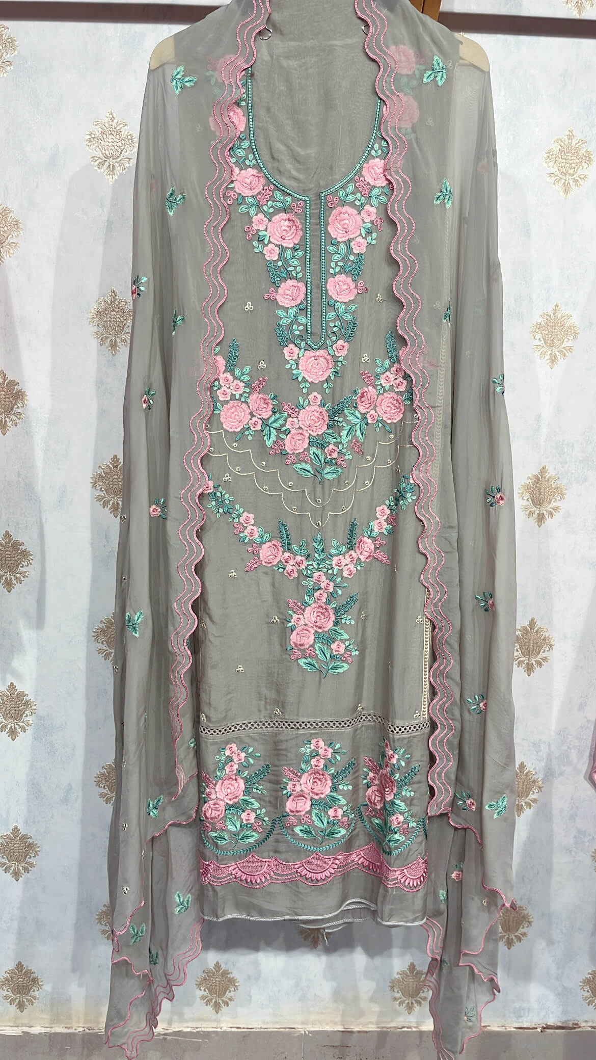 Gray Floral Thread Embroidered Soft Organza Suit