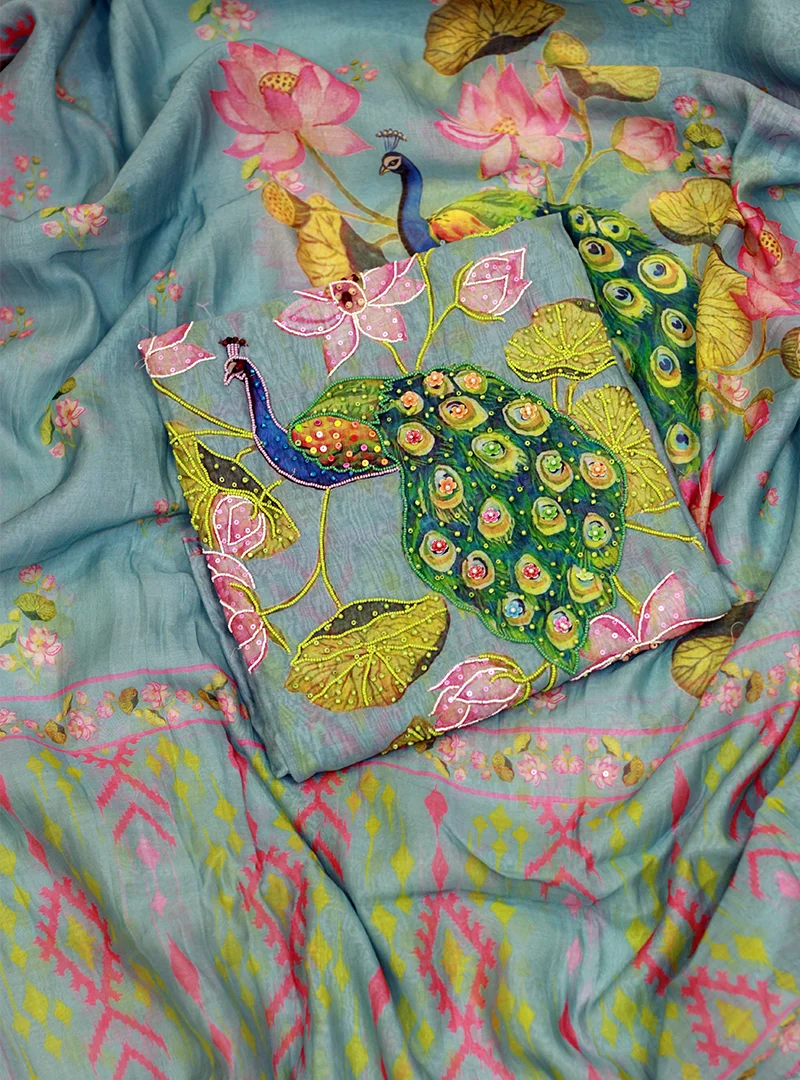 Peacock Embroidered Pure Mul Cotton Suit