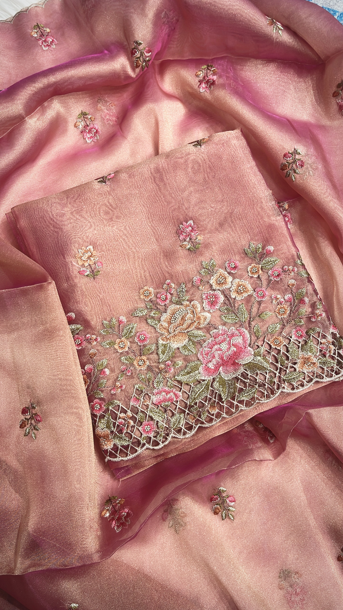 Floral Embroidered Cut-work Tissue Suit