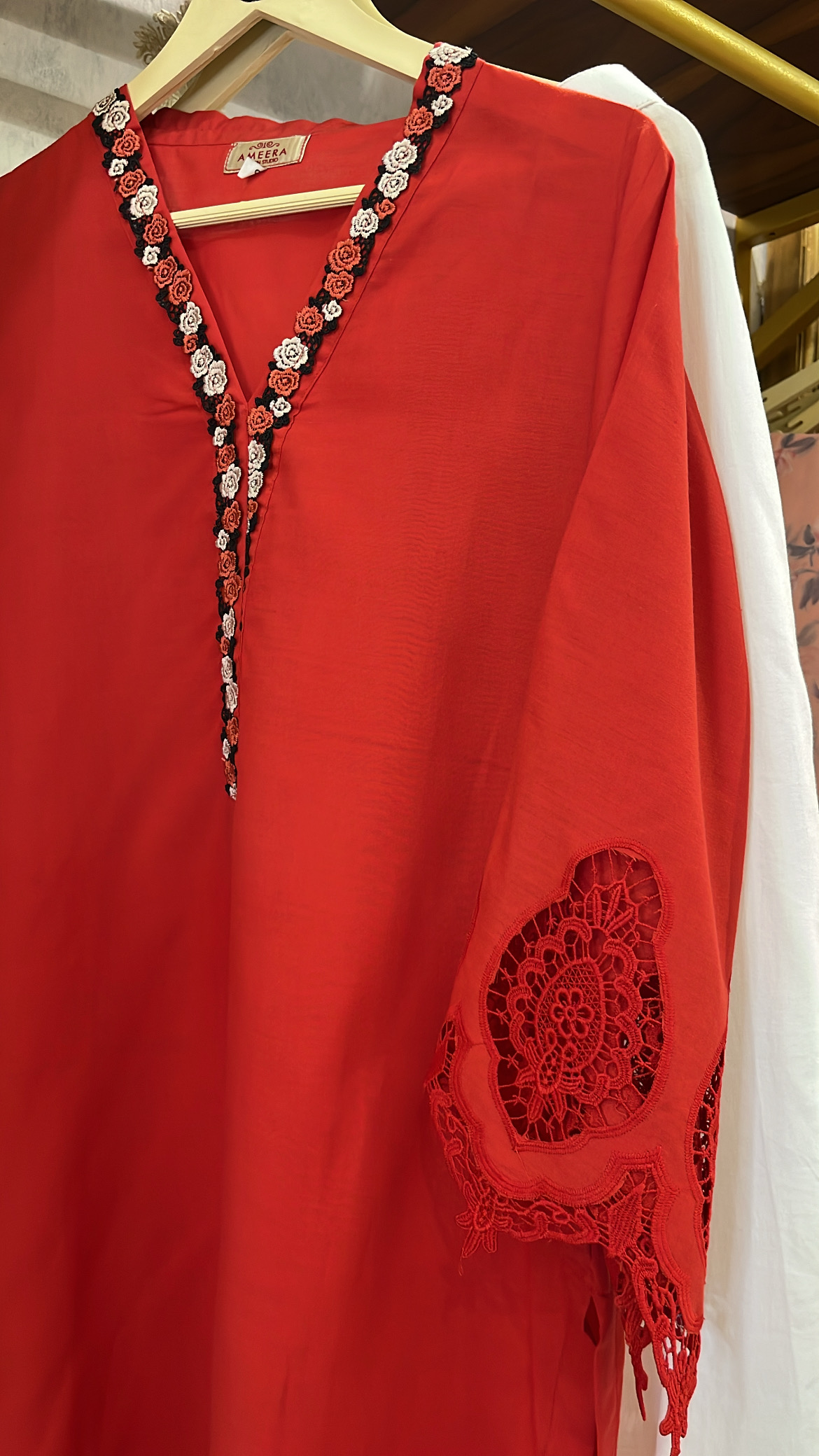 Red Lacey Kurta Set with Cut Work