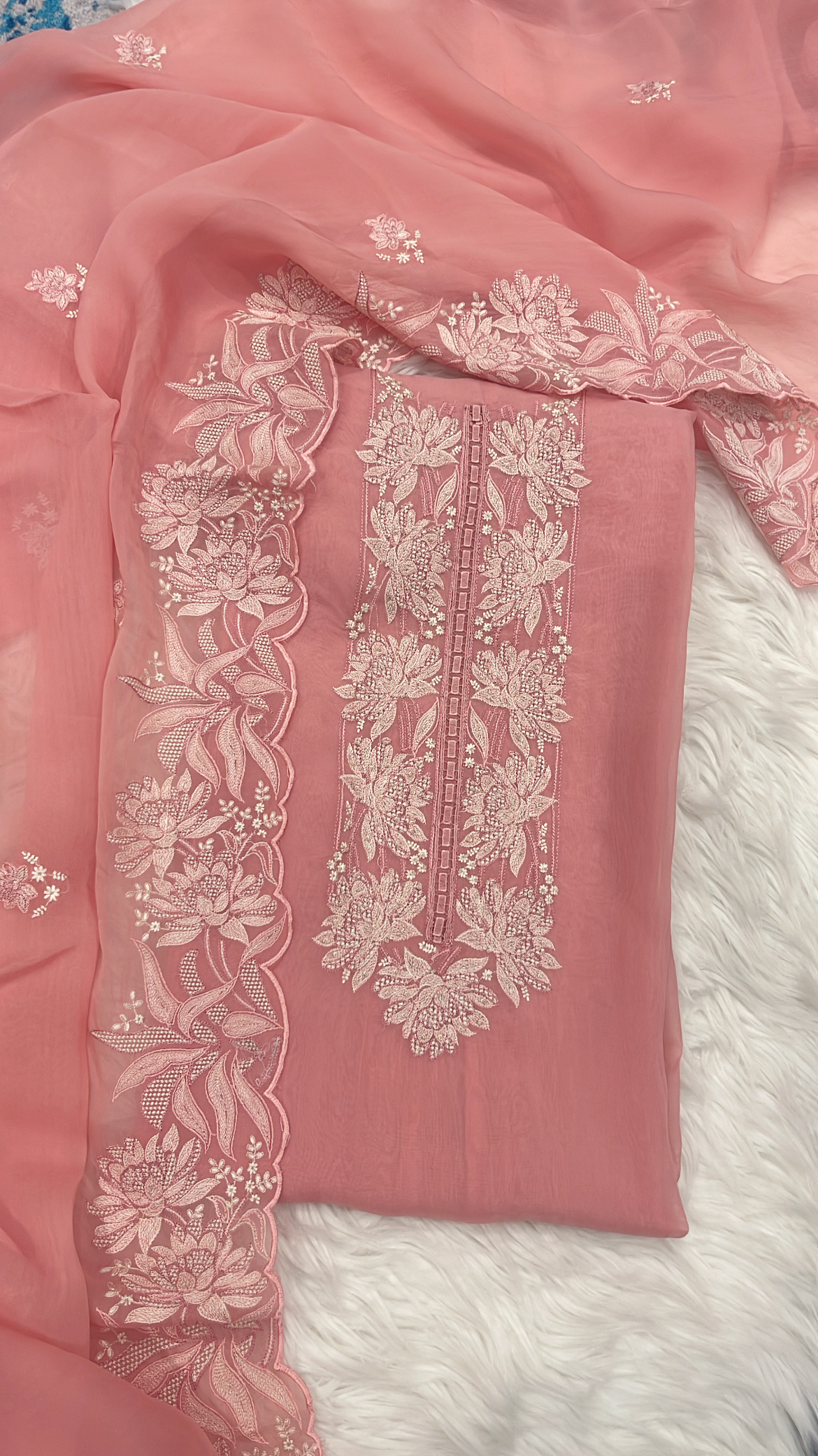 Blush Pink Floral Embroidered Organza Suit
