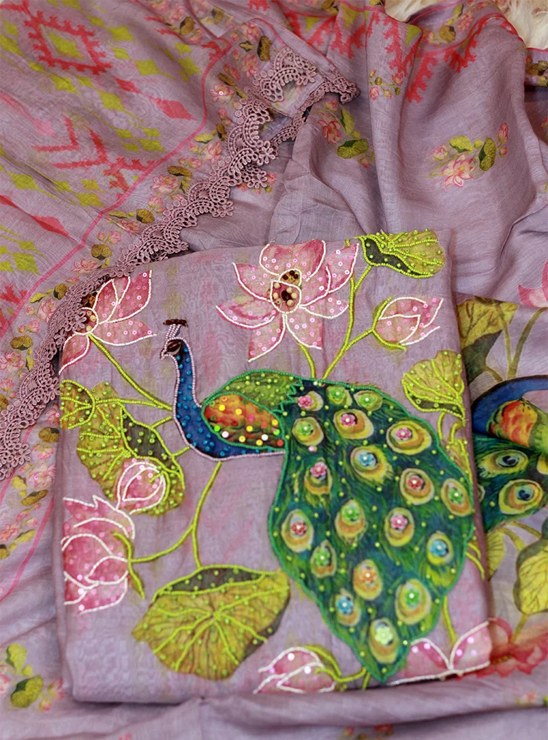 Peacock Embroidered Pure Mul Cotton Suit