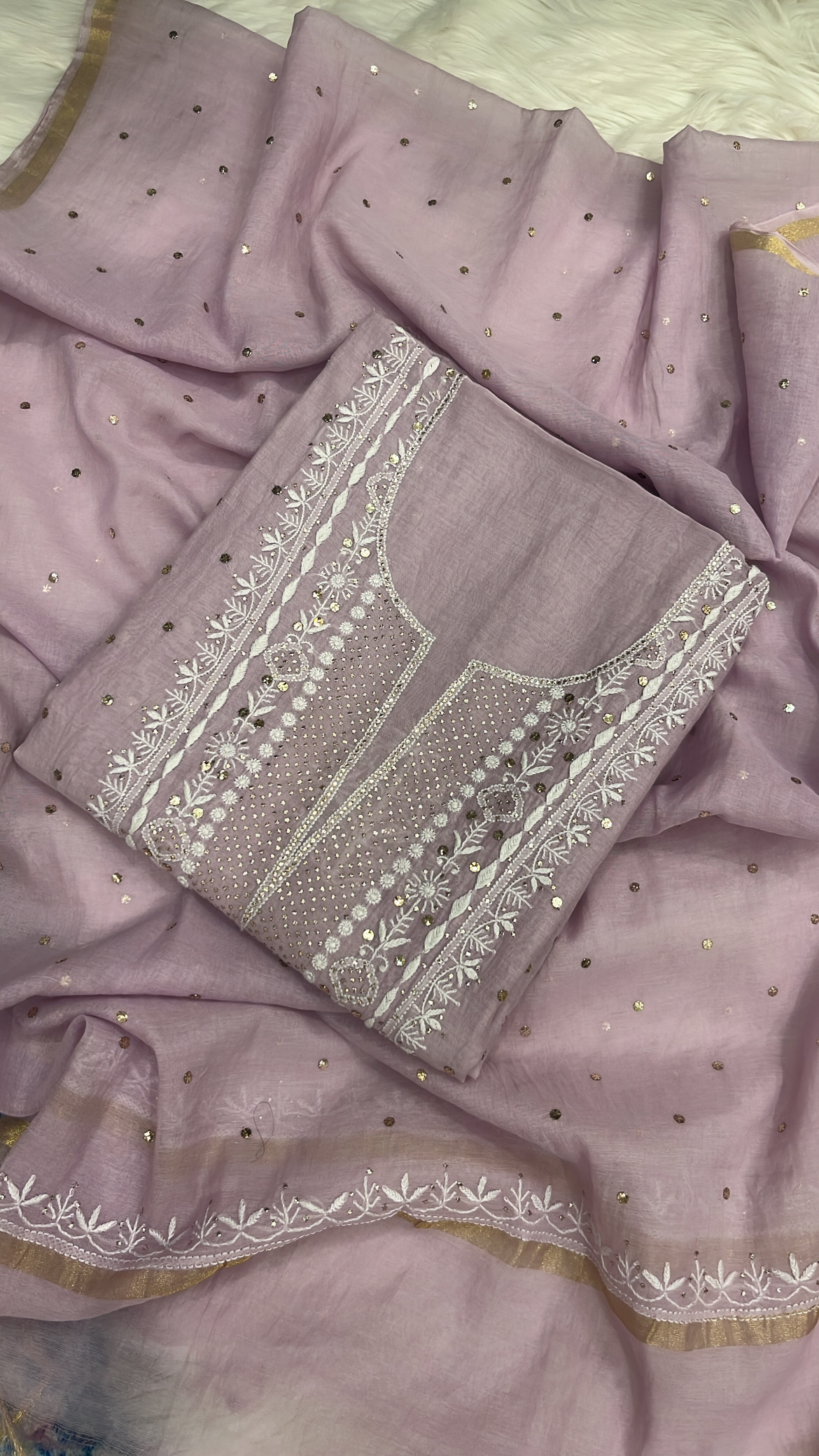 Embroidered Lavender Lucknowi Mul Cotton Suit