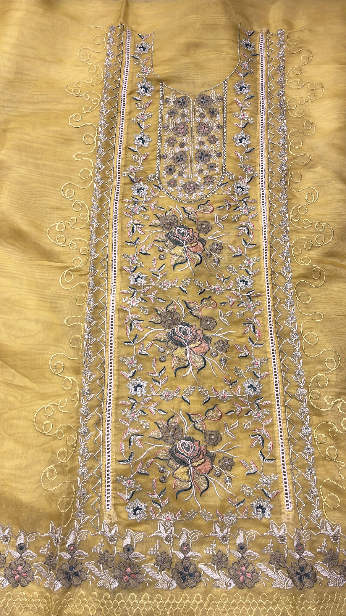 Embroidered Yellow Organza Fabric