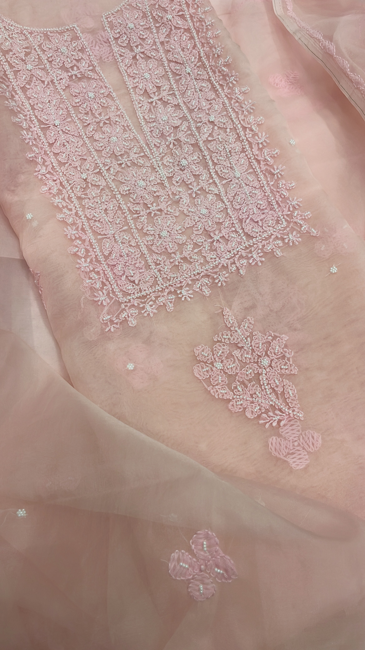Embroidered Soft Blush Lucknowi Organza Suit