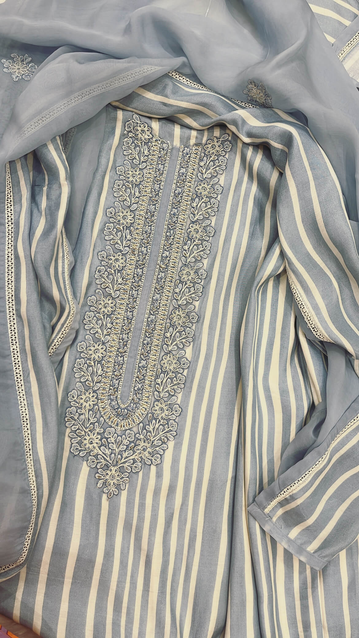 Bluish - Grey Muslin Cotton Suit with thread handwork