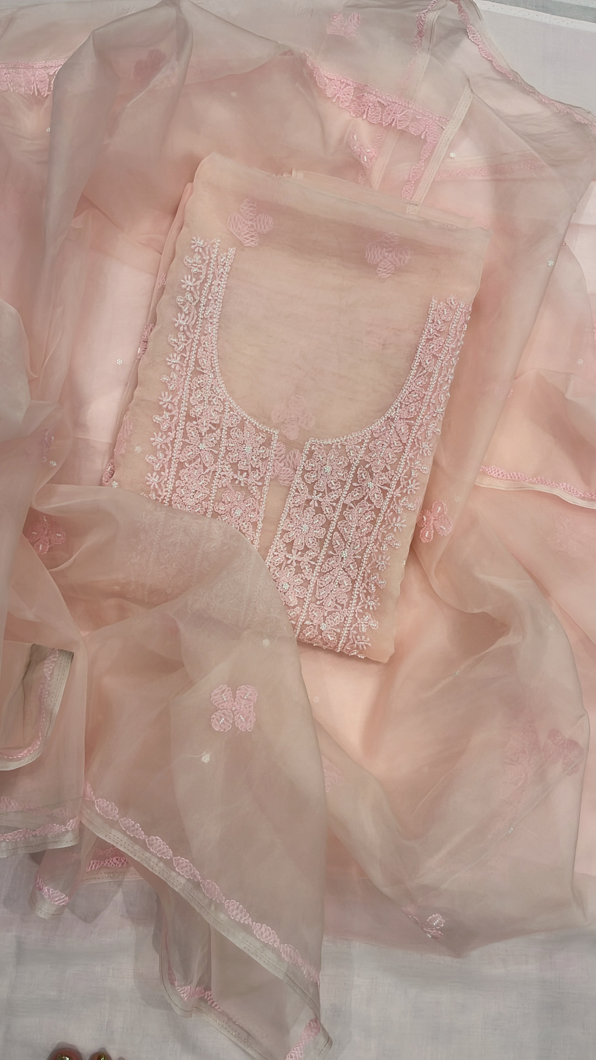 Embroidered Soft Blush Lucknowi Organza Suit