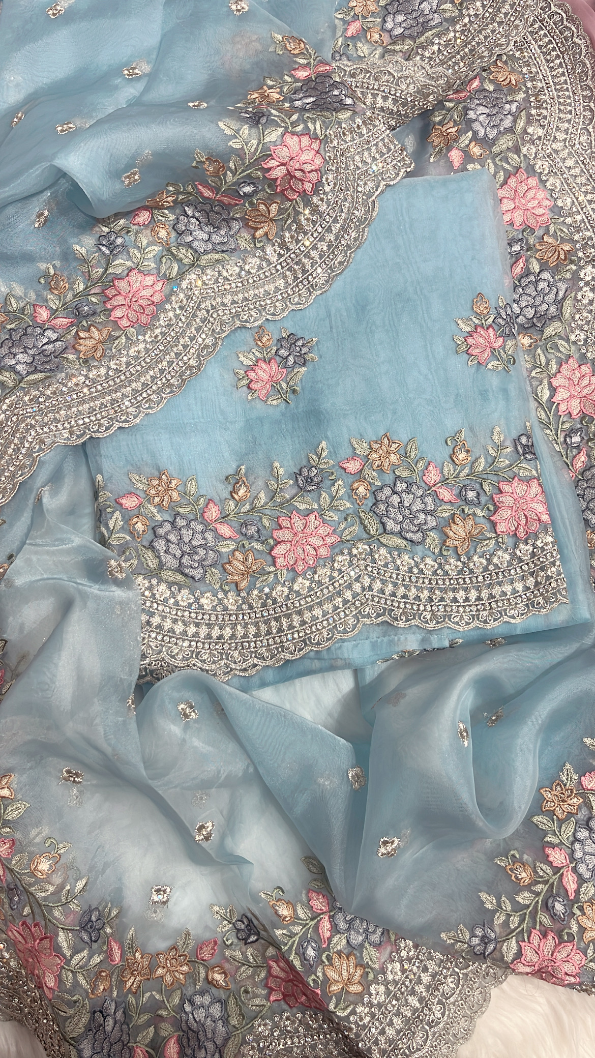 Organza Tissue with Parsi thread and Silver Zari