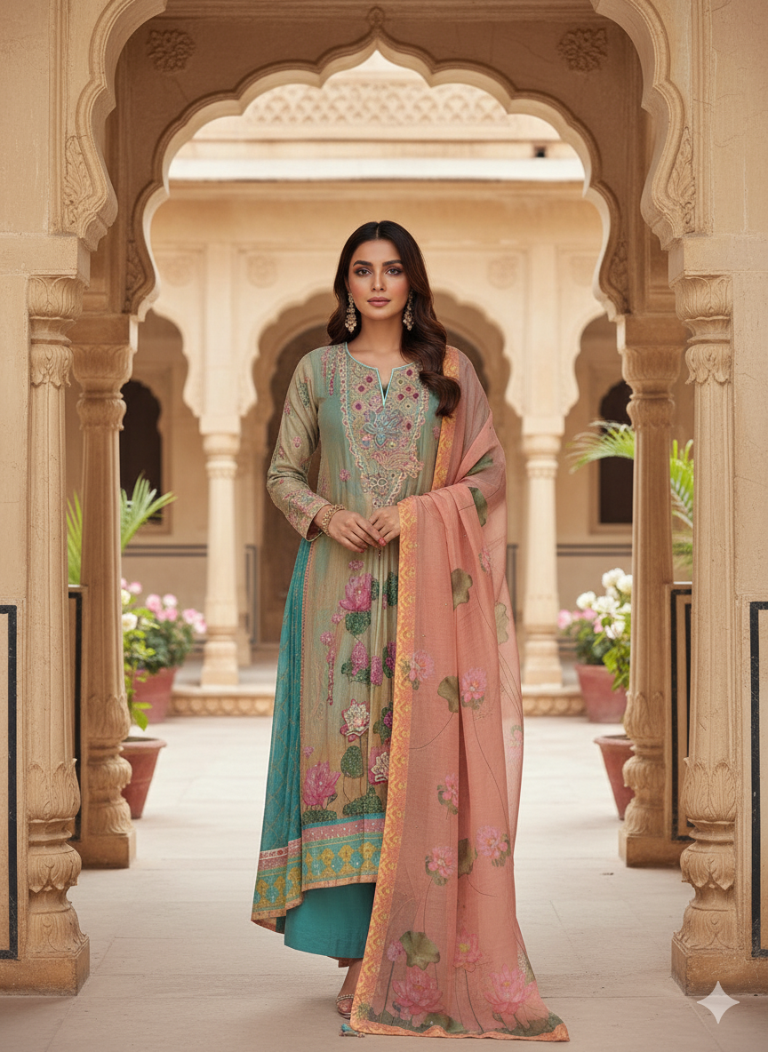 Embroidered Multicolor Printed Suit
