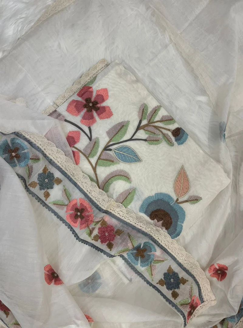 Embroidered Floral Pure Mul Cotton Fabric