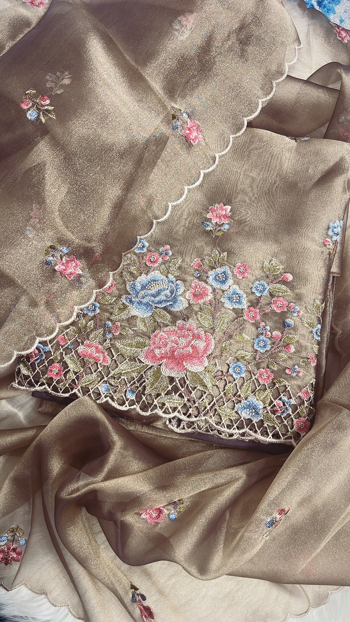 Floral Embroidered Cut-work Tissue Suit
