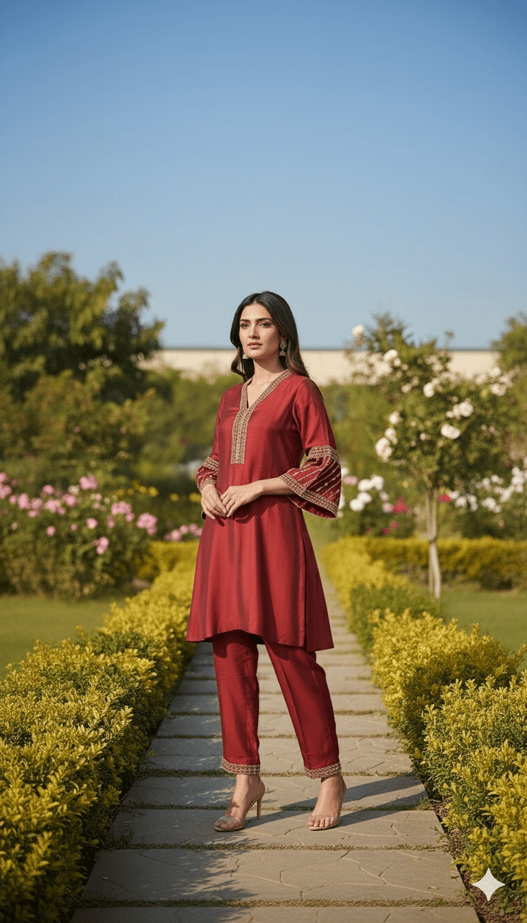 Coral Red Embroidered Co-ord Set