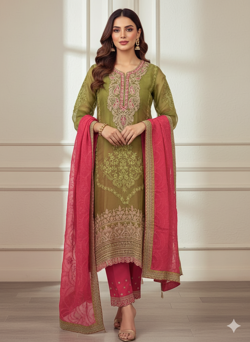 Embroidered Mehndi Green Parsi Delight