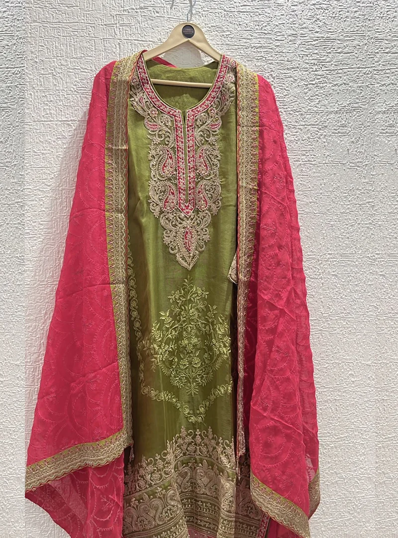 Embroidered Mehndi Green Parsi Delight