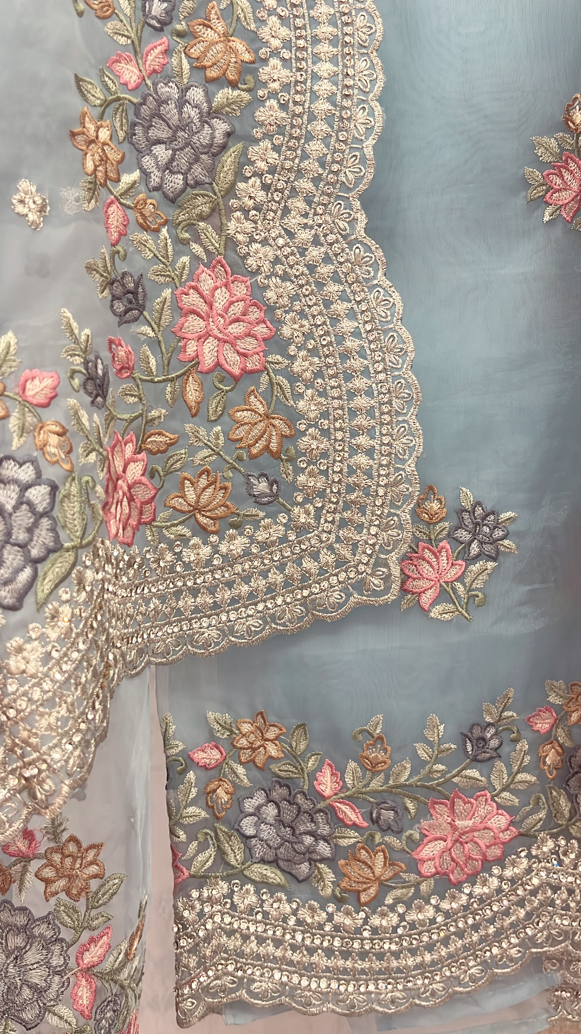 Organza Tissue with Parsi thread and Silver Zari