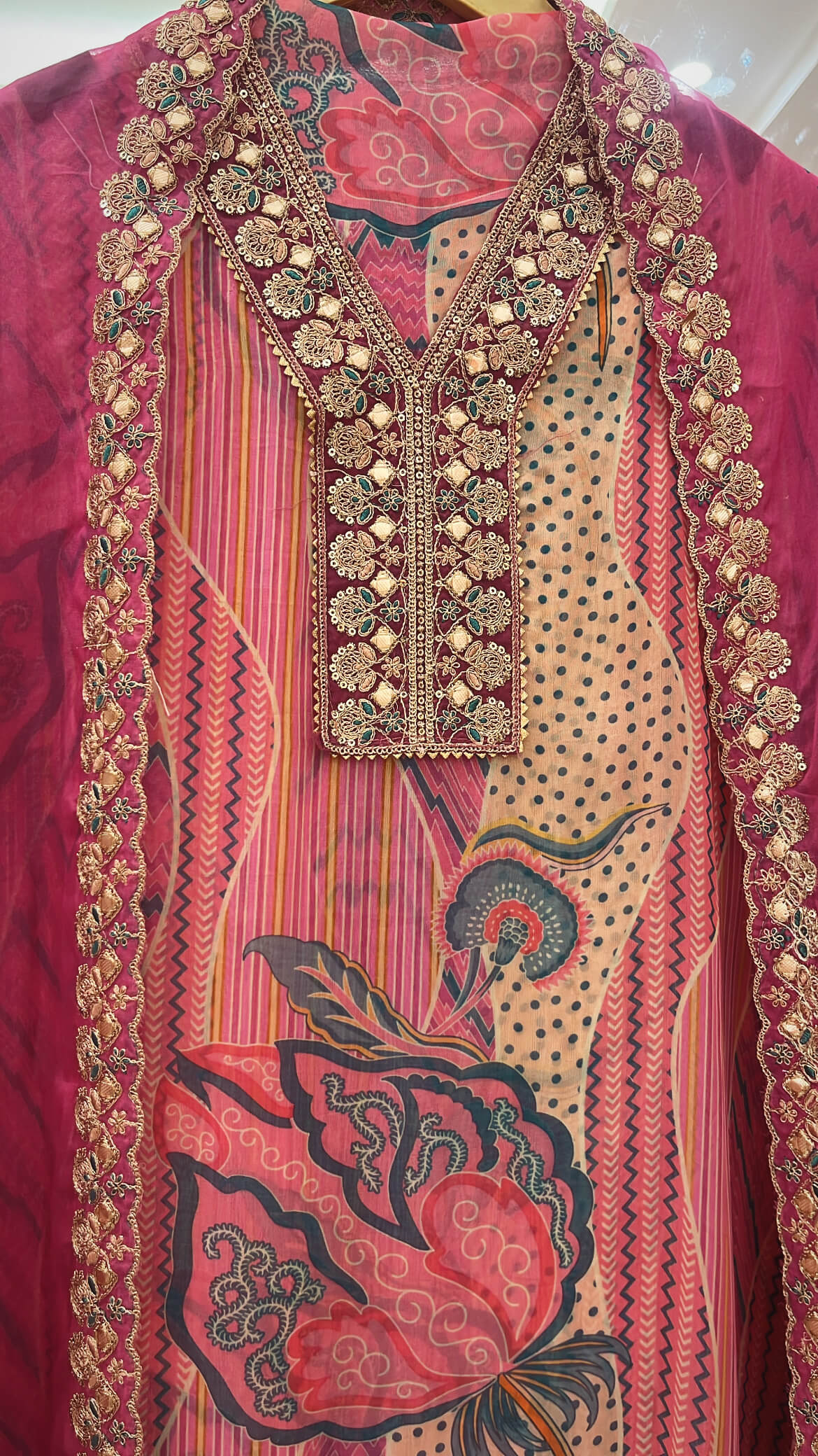Printed Organza Suit with Zari Embroidery