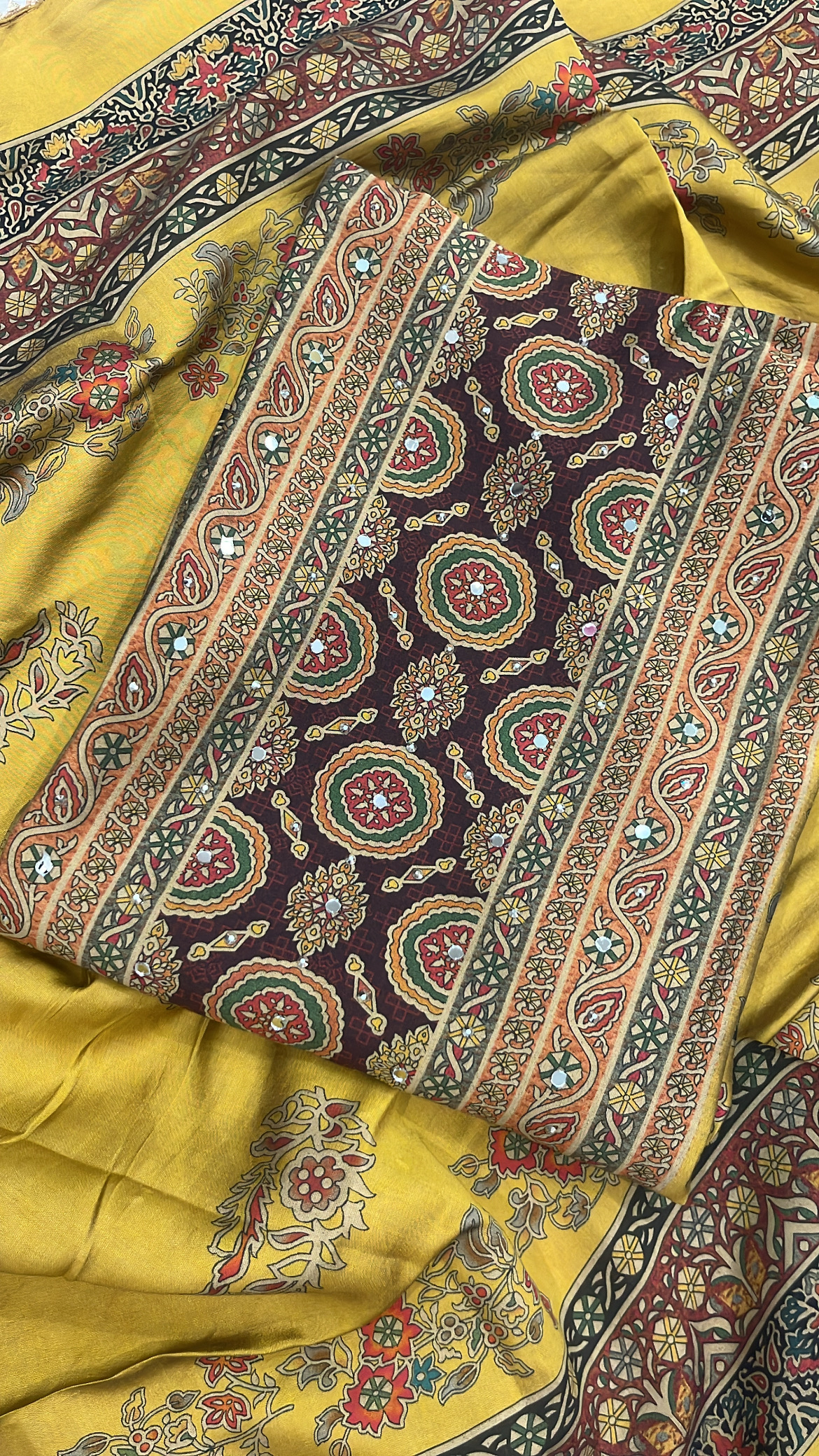 Mustard Yellow Printed Muslin Cotton Suit