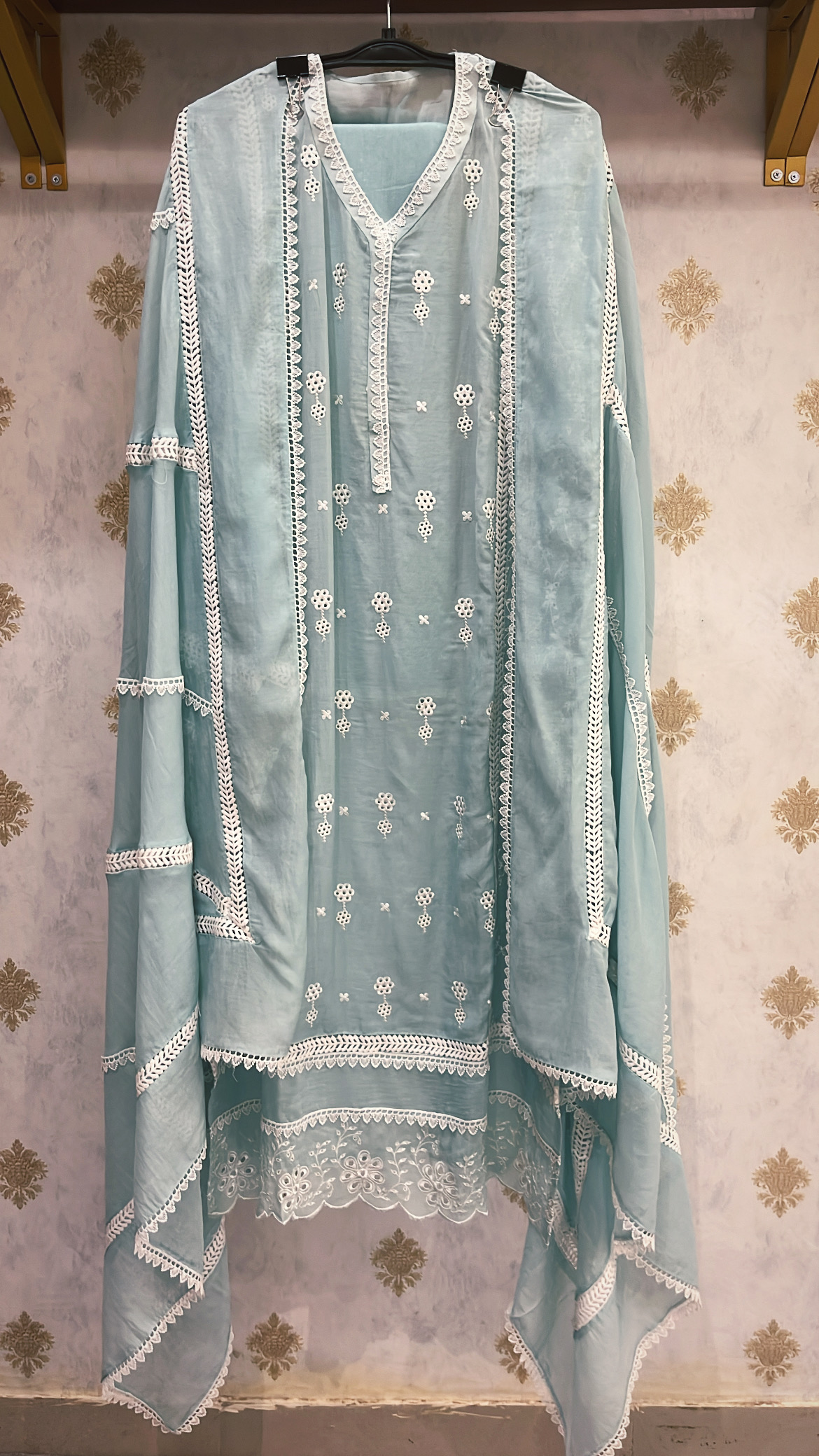 Embroidered Sea Blue Pure Mul Cotton Suit