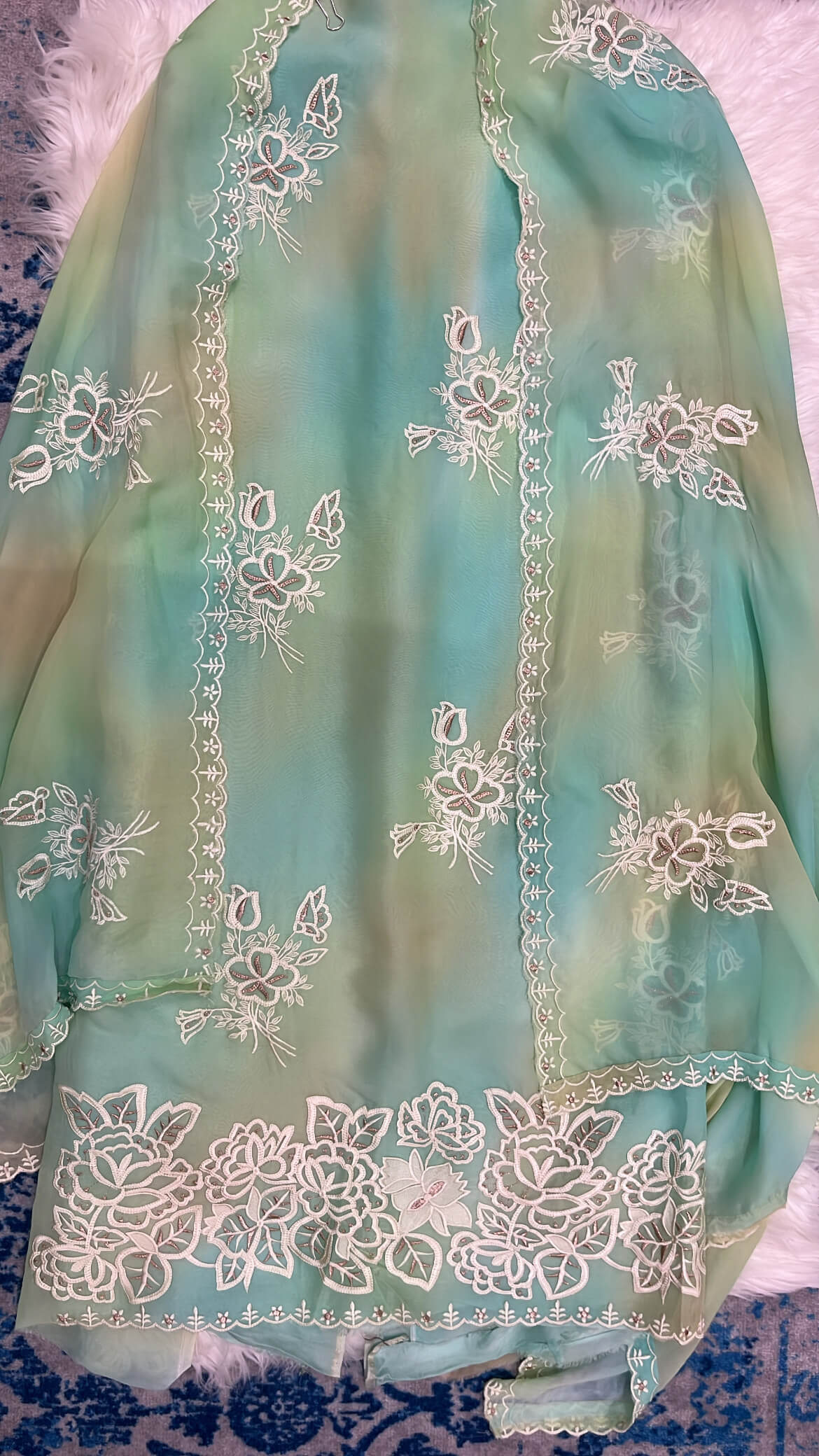 Ombre Green Soft organza with Thread work