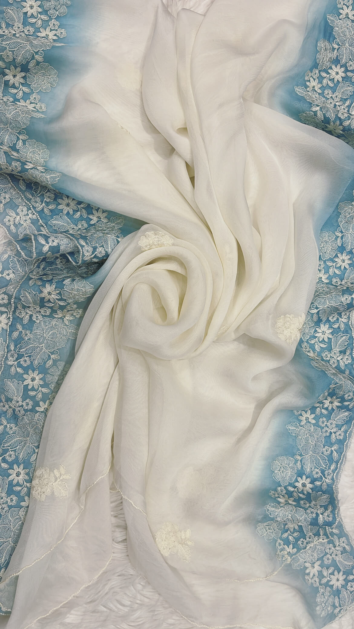 White and Blue Soft Bamber Organza Suit