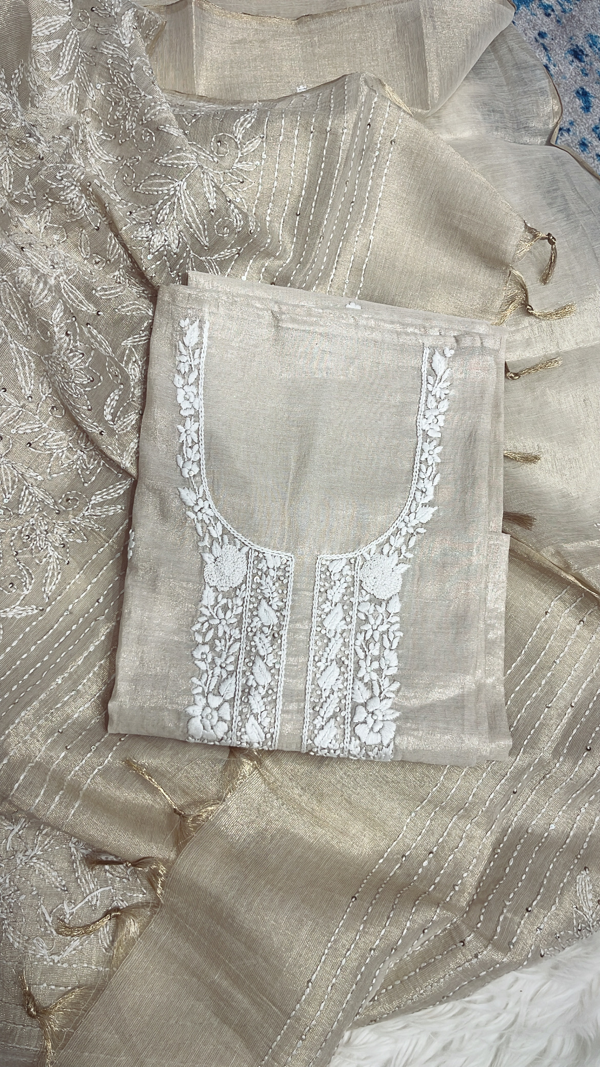 Embroidered Beige Gold Lucknowi Tissue Suit