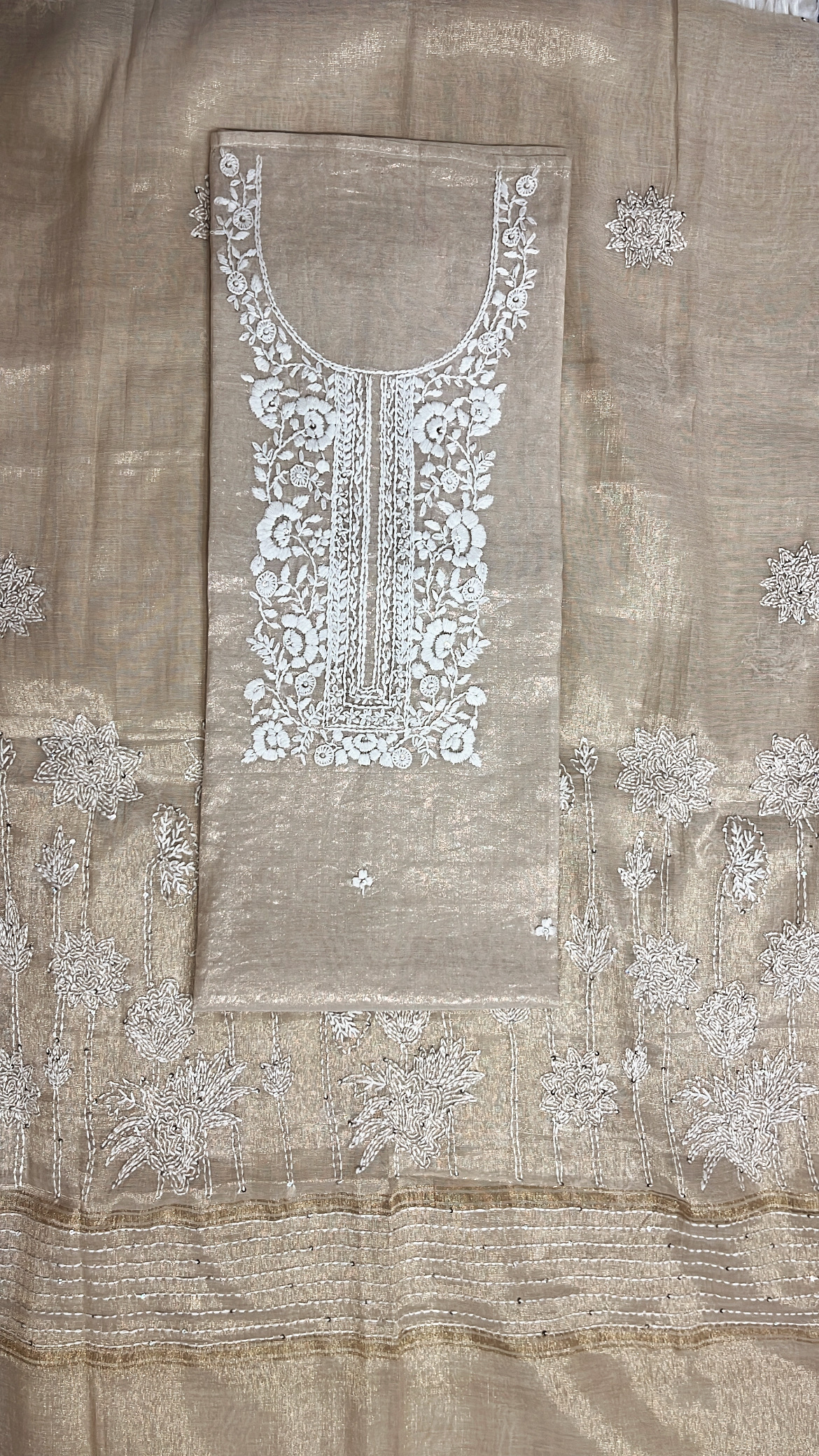 Embroidered Beige Gold Lucknowi Tissue Suit