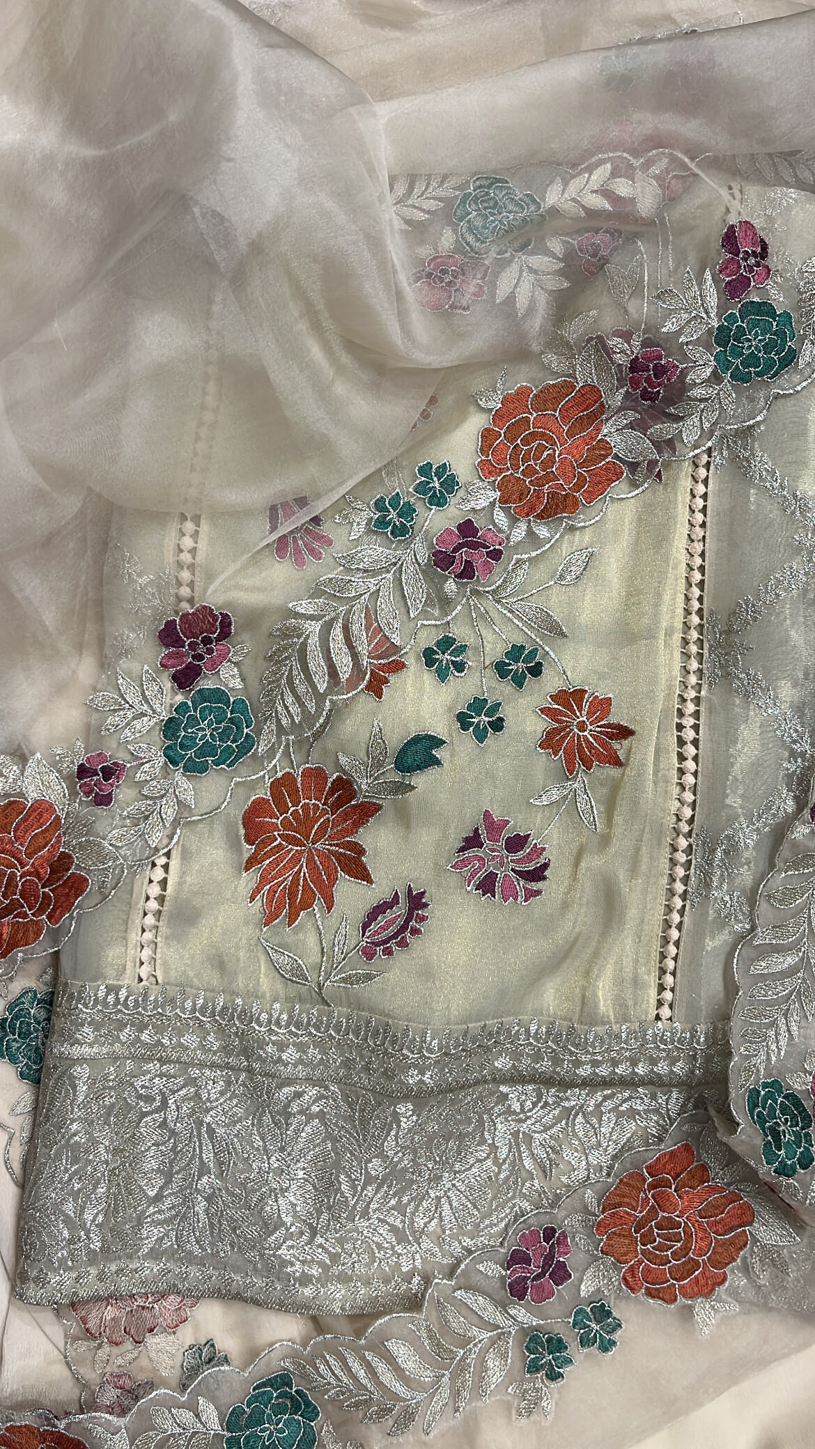 Ivory Gold Tissue Suit with colorful thread work