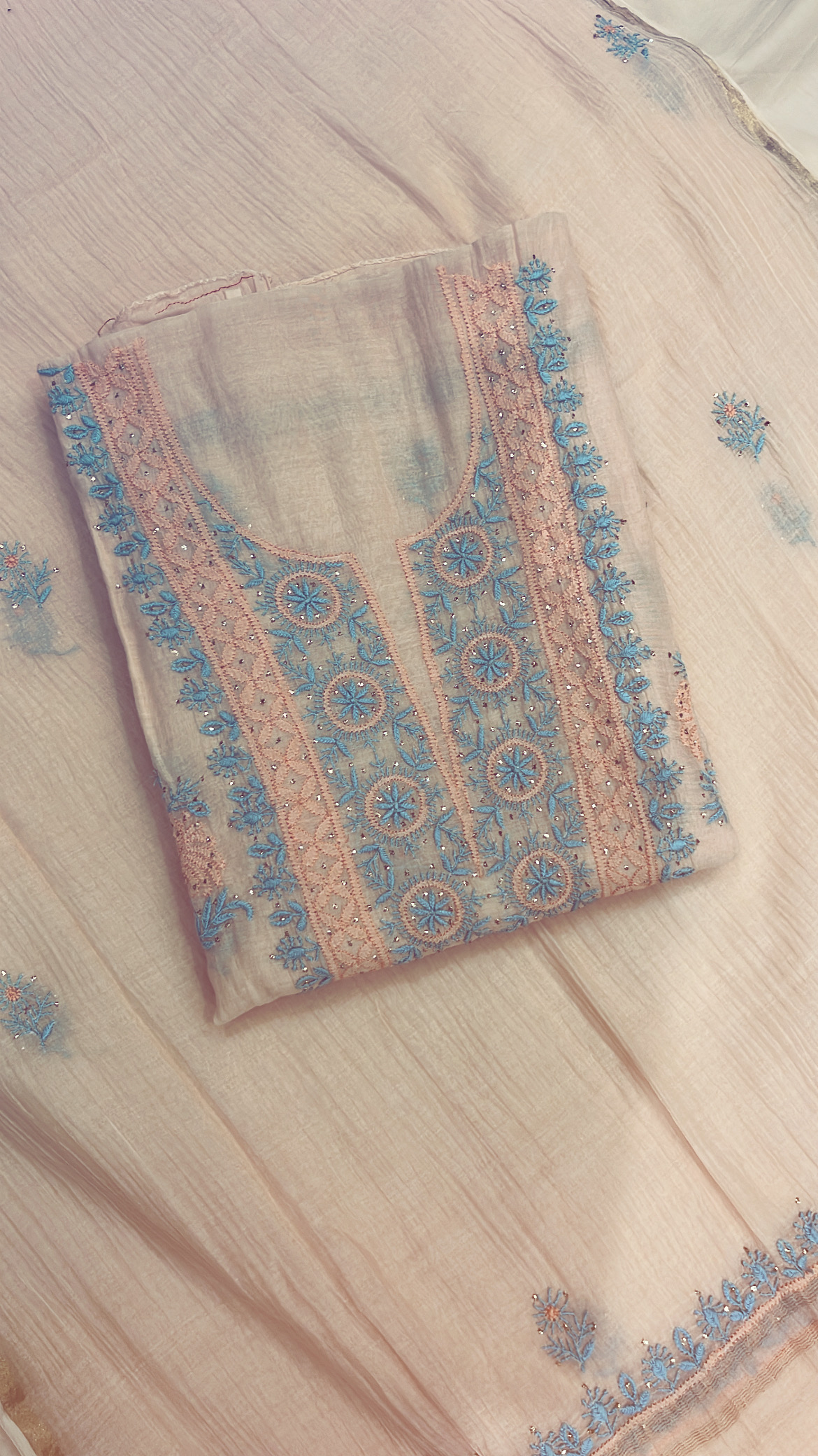 Embroidered Peach Lucknowi Mul Cotton Suit