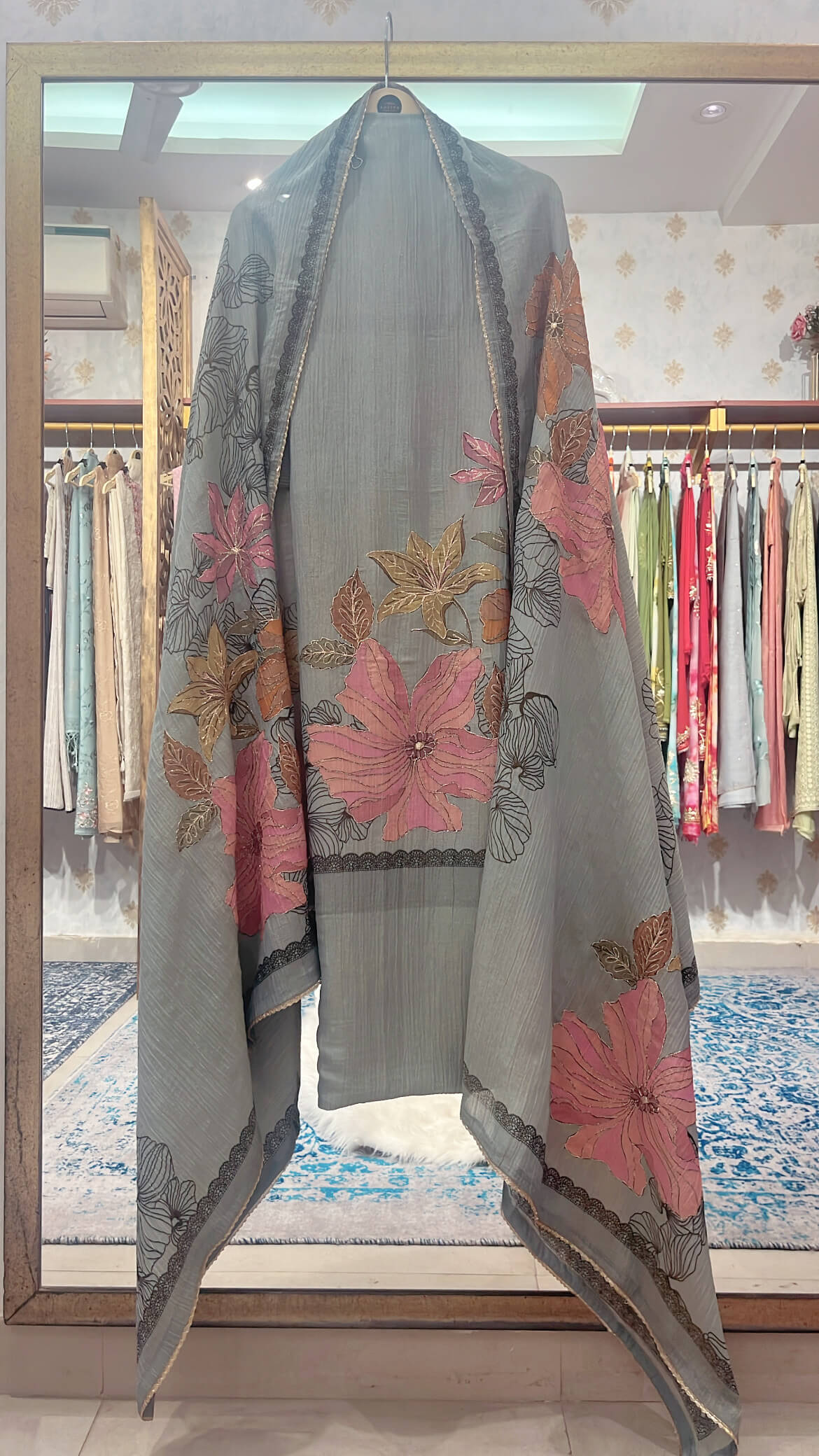 Gray Crush Tissue Suit with digital print