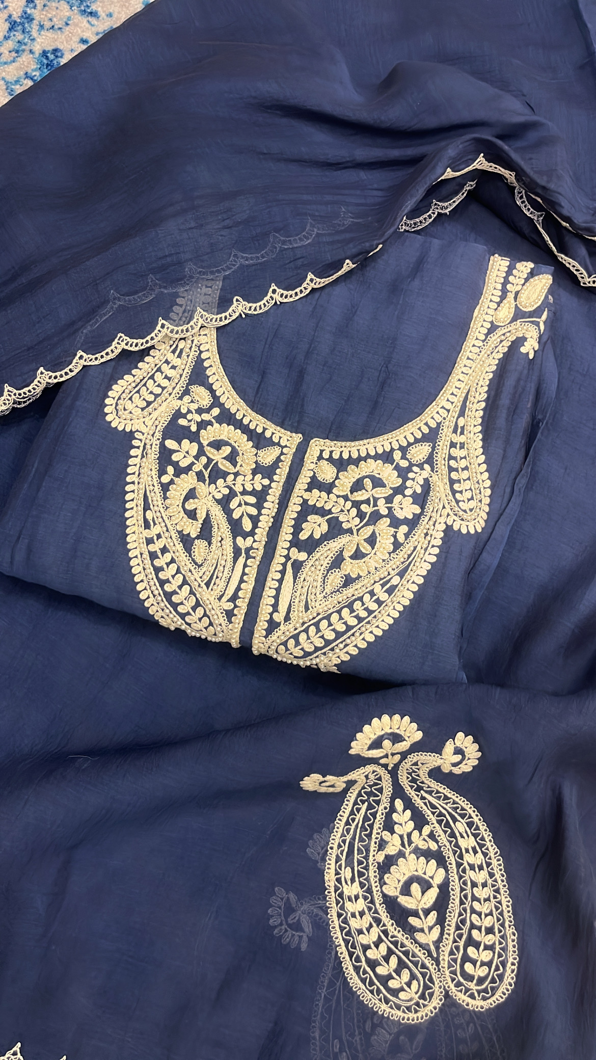 Traditional Blue Embroidered Suit with Pearl Work