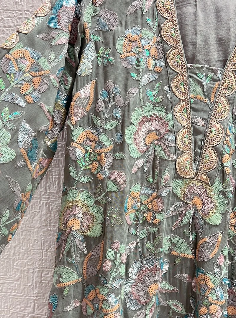 Greyish Green Floral Embroidered Suit