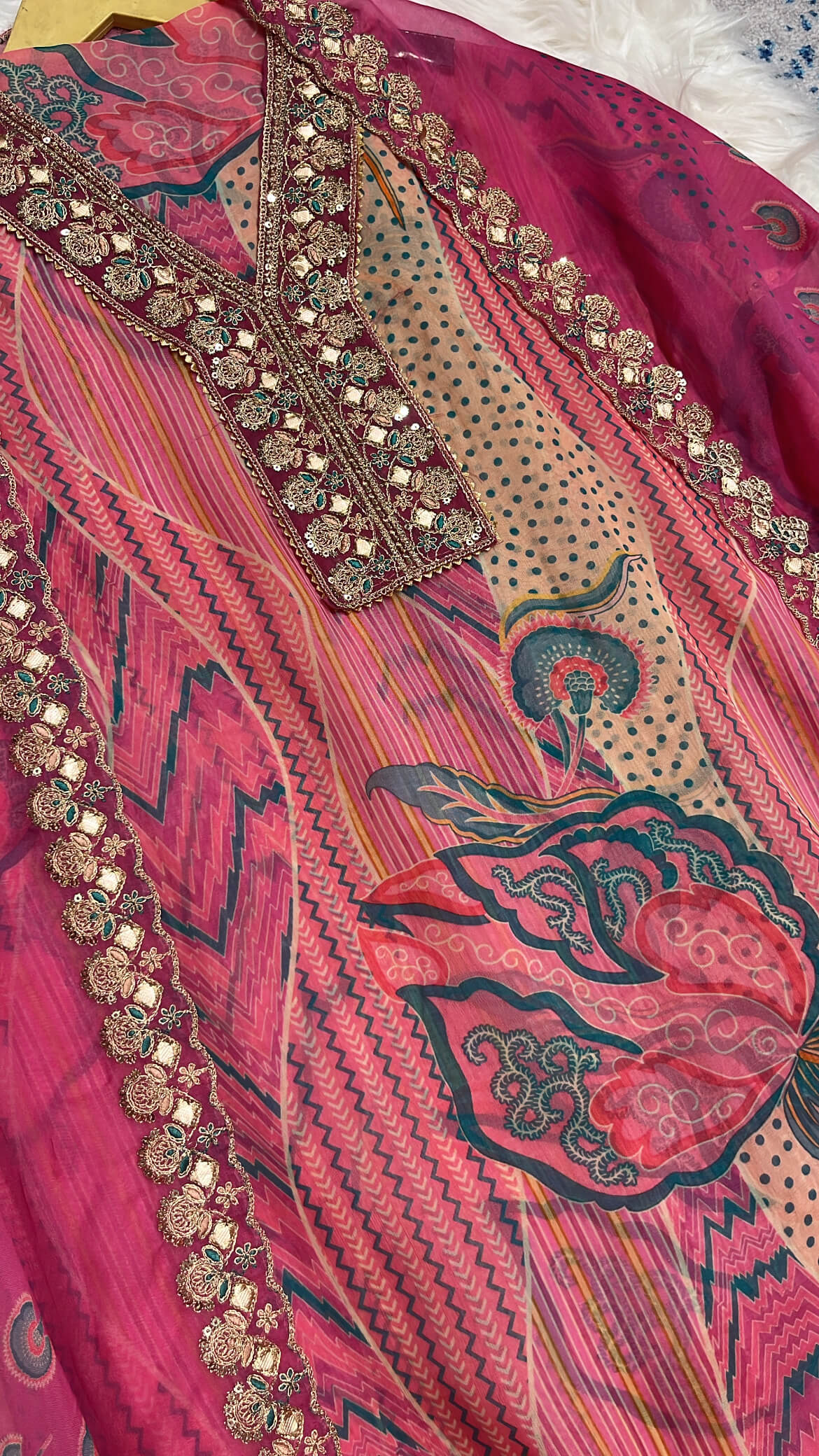 Printed Organza Suit with Zari Embroidery