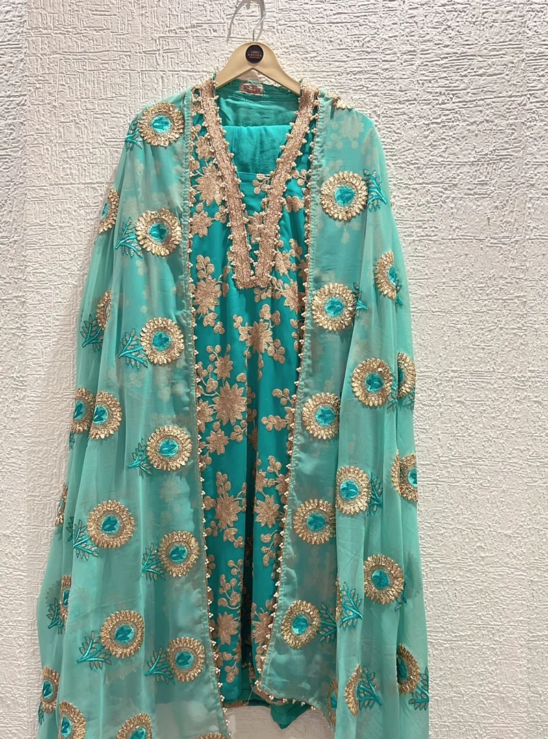 Blue - Green Floral Embroidered Suit