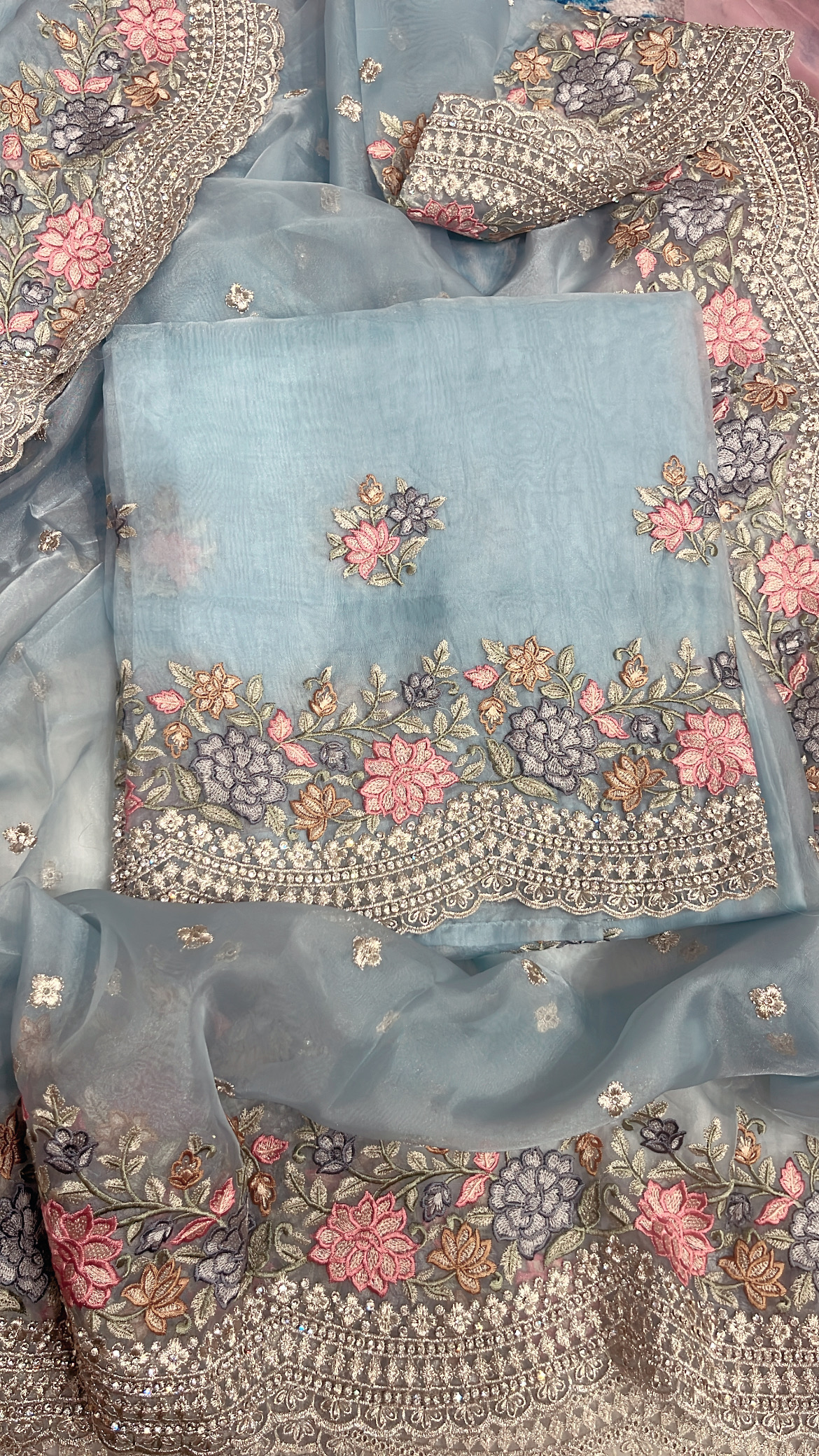 Organza Tissue with Parsi thread and Silver Zari