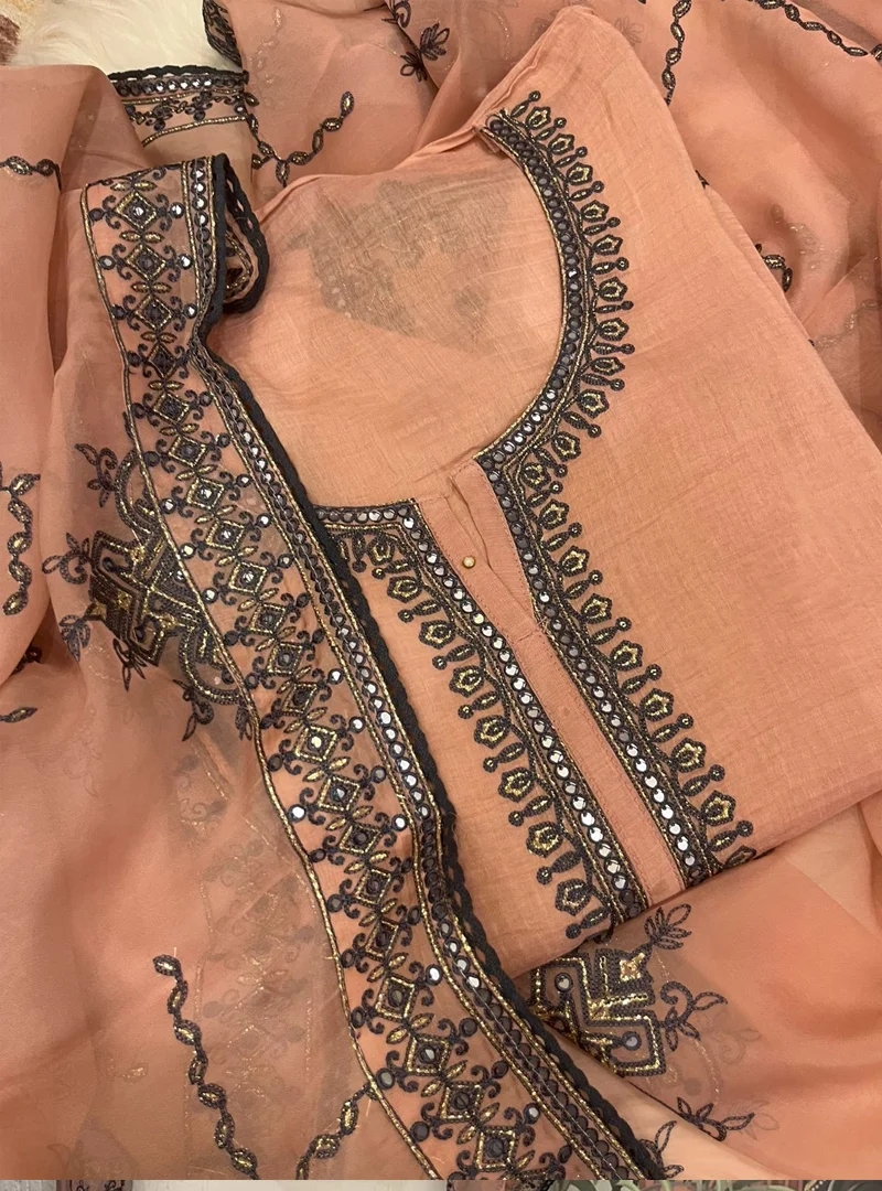 Peach Embroidered Mul Cotton Suit