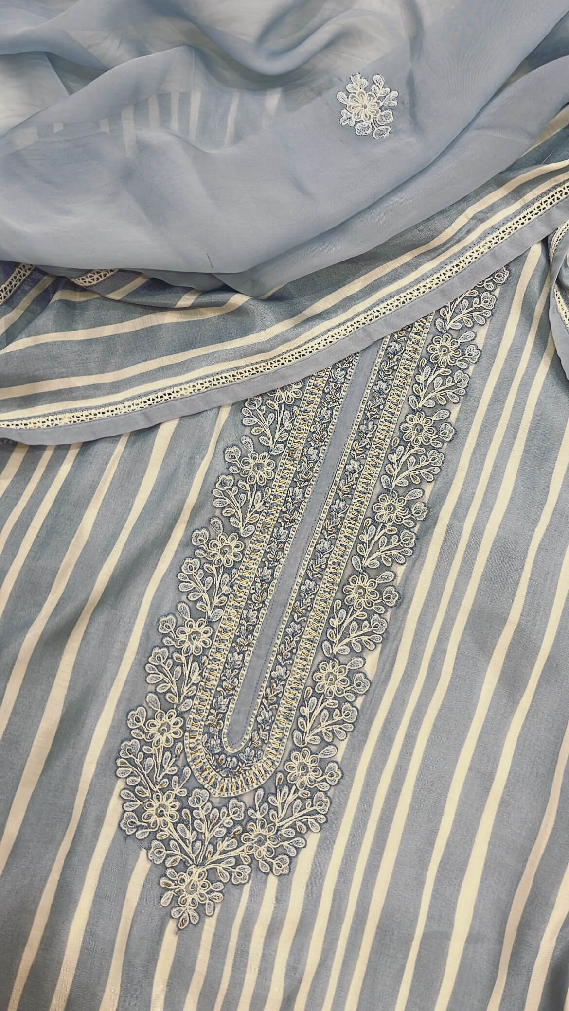 Bluish - Grey Muslin Cotton Suit with thread handwork