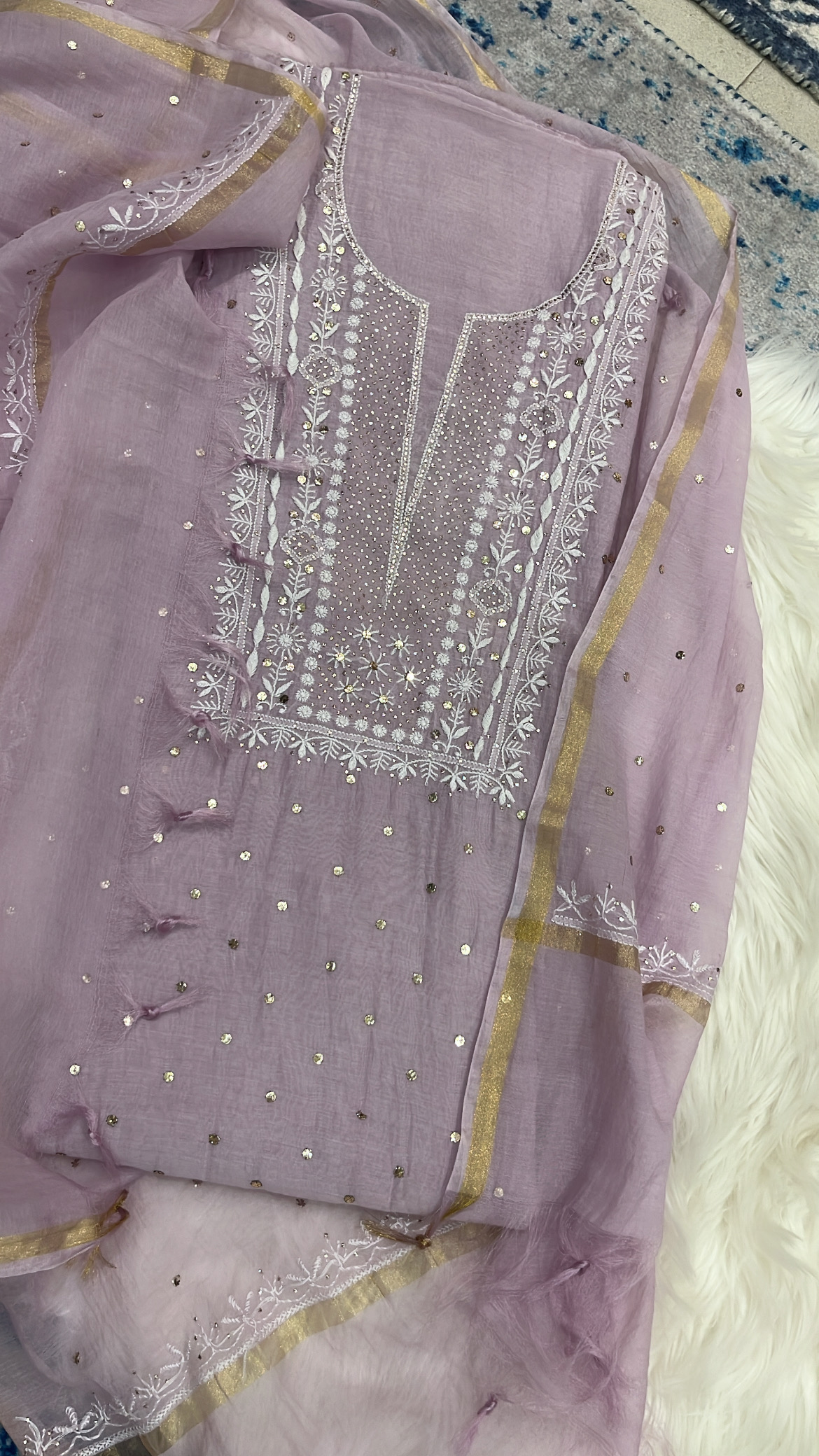 Embroidered Lavender Lucknowi Mul Cotton Suit