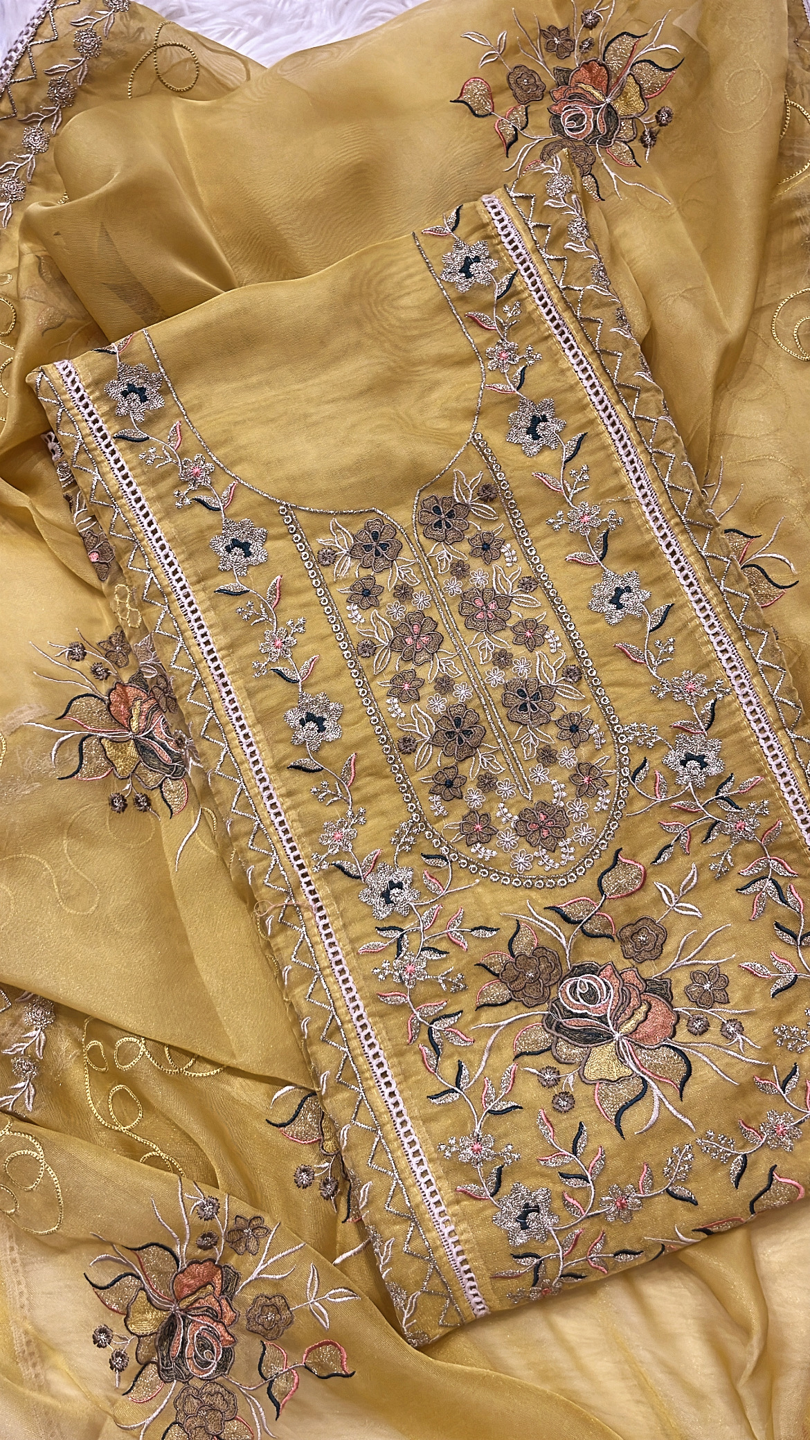 Embroidered Yellow Organza Fabric