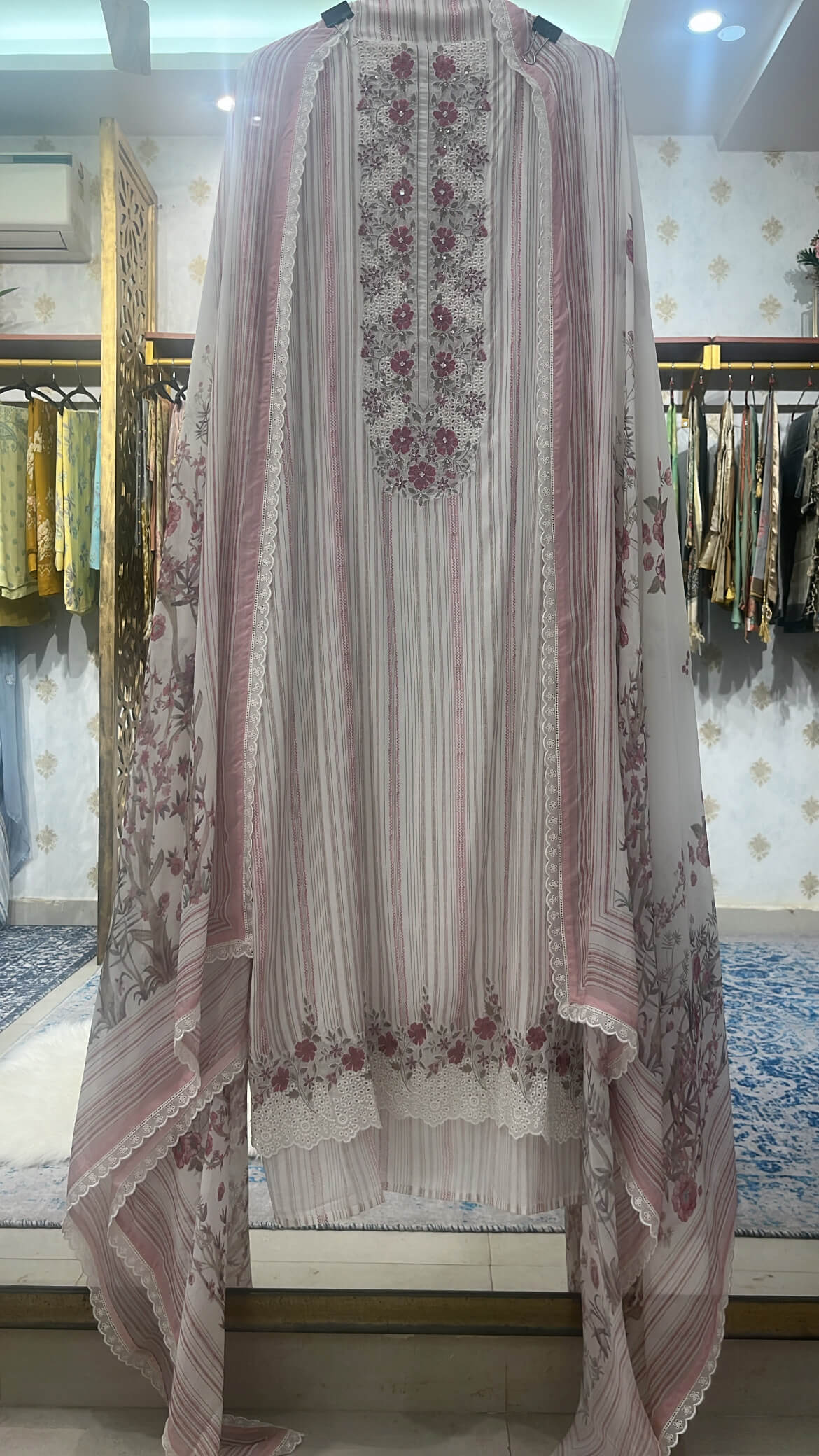 White Printed Stripes Muslin Cotton Suit