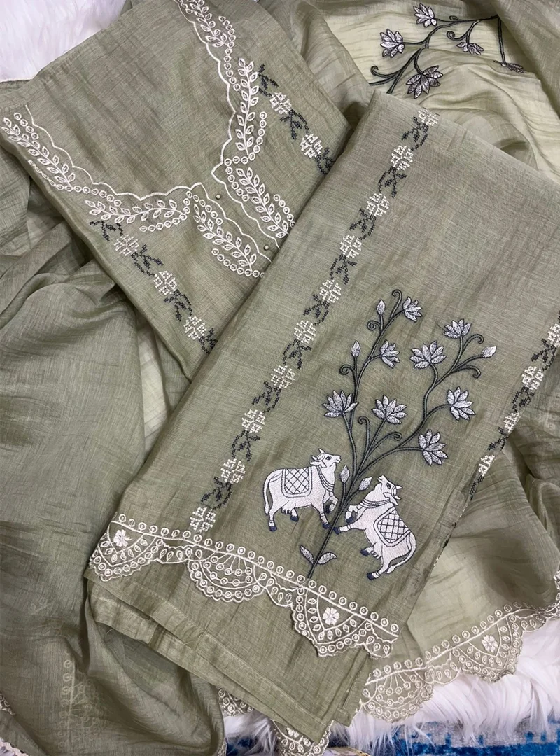 Olive Green Pure Mul Cotton Suit