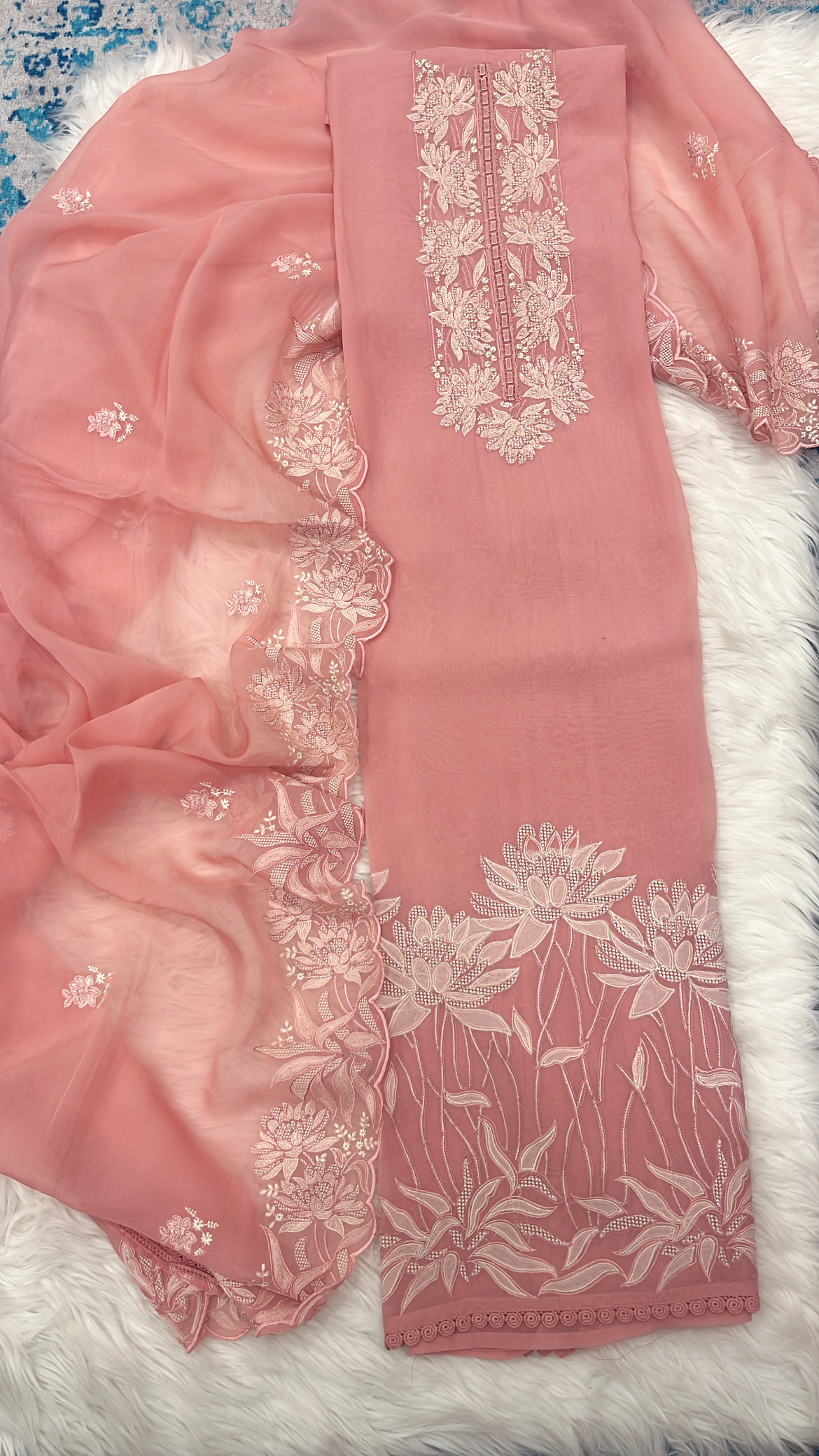 Blush Pink Floral Embroidered Organza Suit