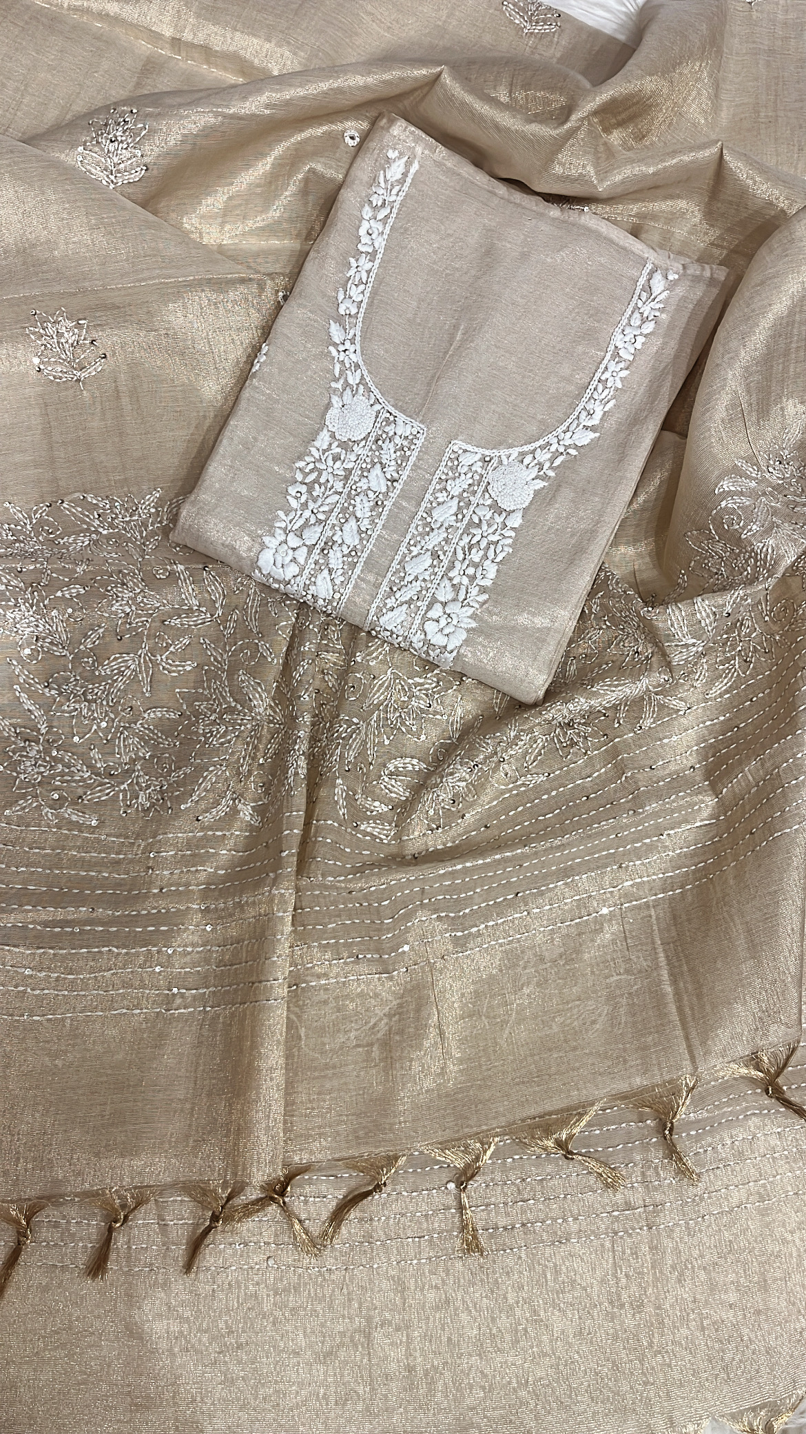 Embroidered Beige Gold Lucknowi Tissue Suit