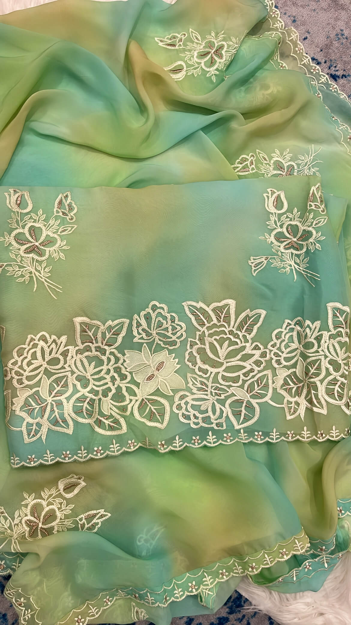 Ombre Green Soft organza with Thread work