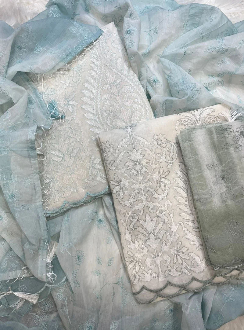 Classic White Embroidered Mul Chanderi Suit